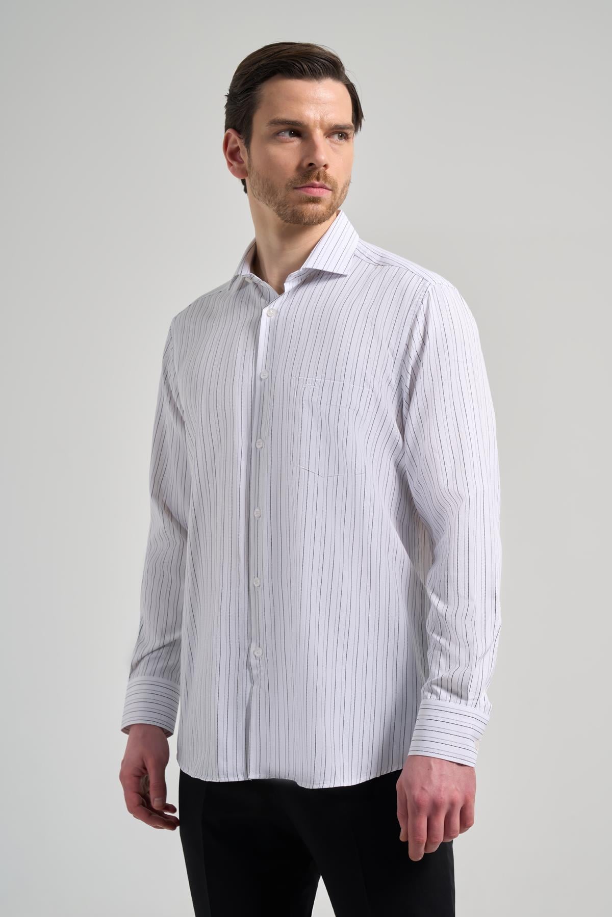 Kol Çizgili Desen Bez Ayağı İtalyan Yaka cepli Pamuklu Classic Comfort Fit Gömlek 1004250182