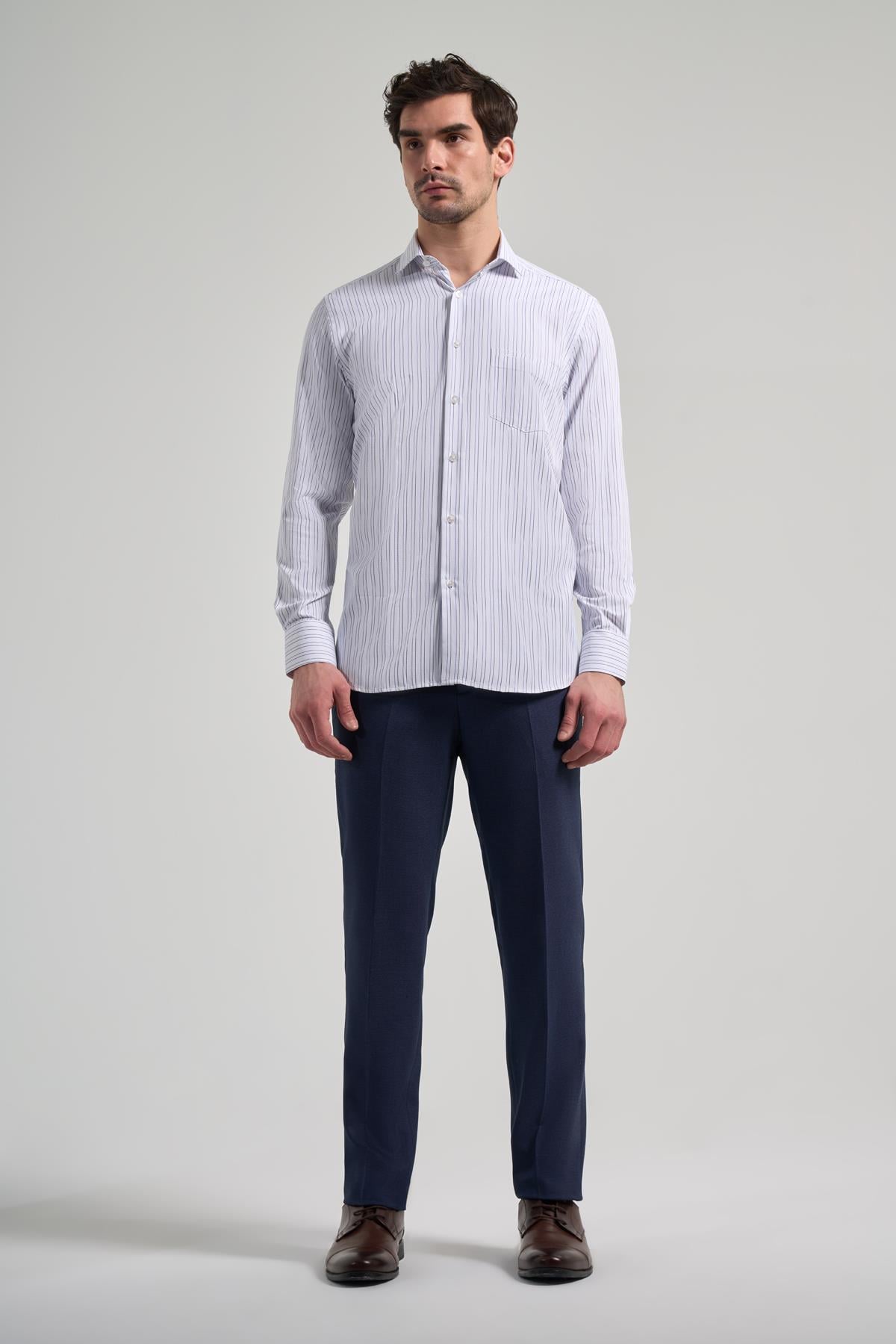 Kol Çizgili Desen Bez Ayağı İtalyan Yaka cepli Pamuklu Classic Comfort Fit Gömlek 1004250182