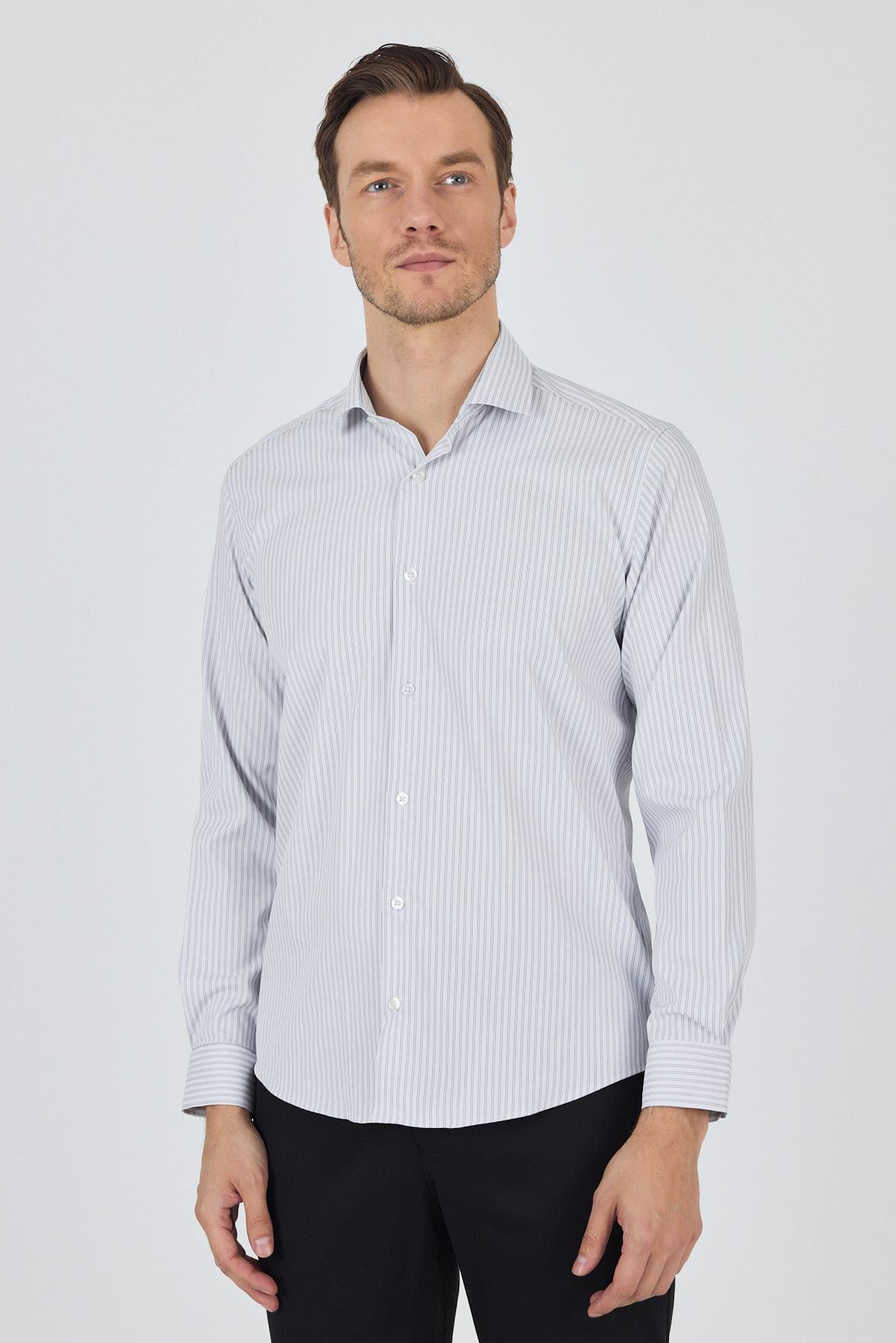 Beyaz Kol Çizgili Desen Bez Ayağı Sert Yaka Cepsiz Esnek Classic Slim Fit Gömlek 1004250159