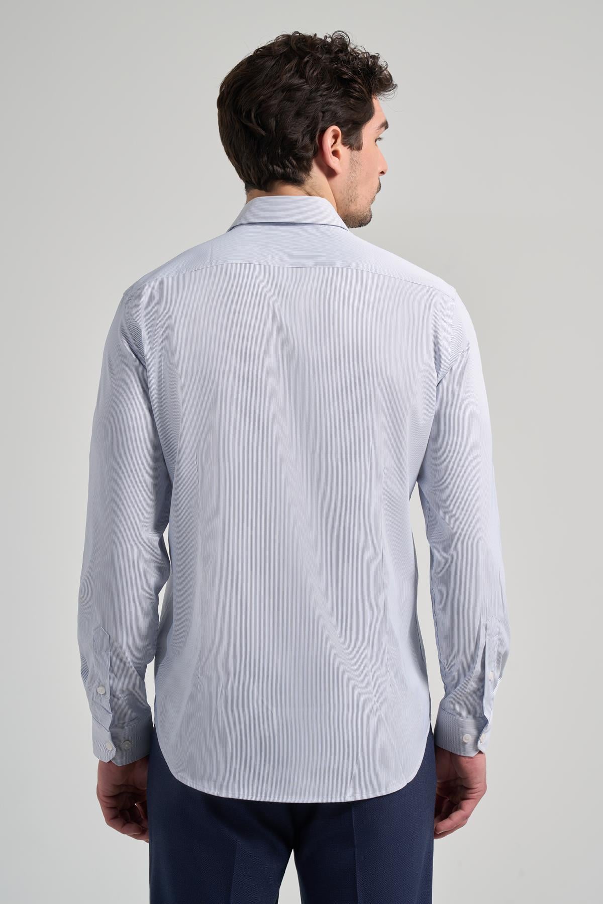 Beyaz Kol Çizgili Desen Bez Ayağı Sert Yaka Cepsiz Esnek Classic Slim Fit Gömlek 1004250158
