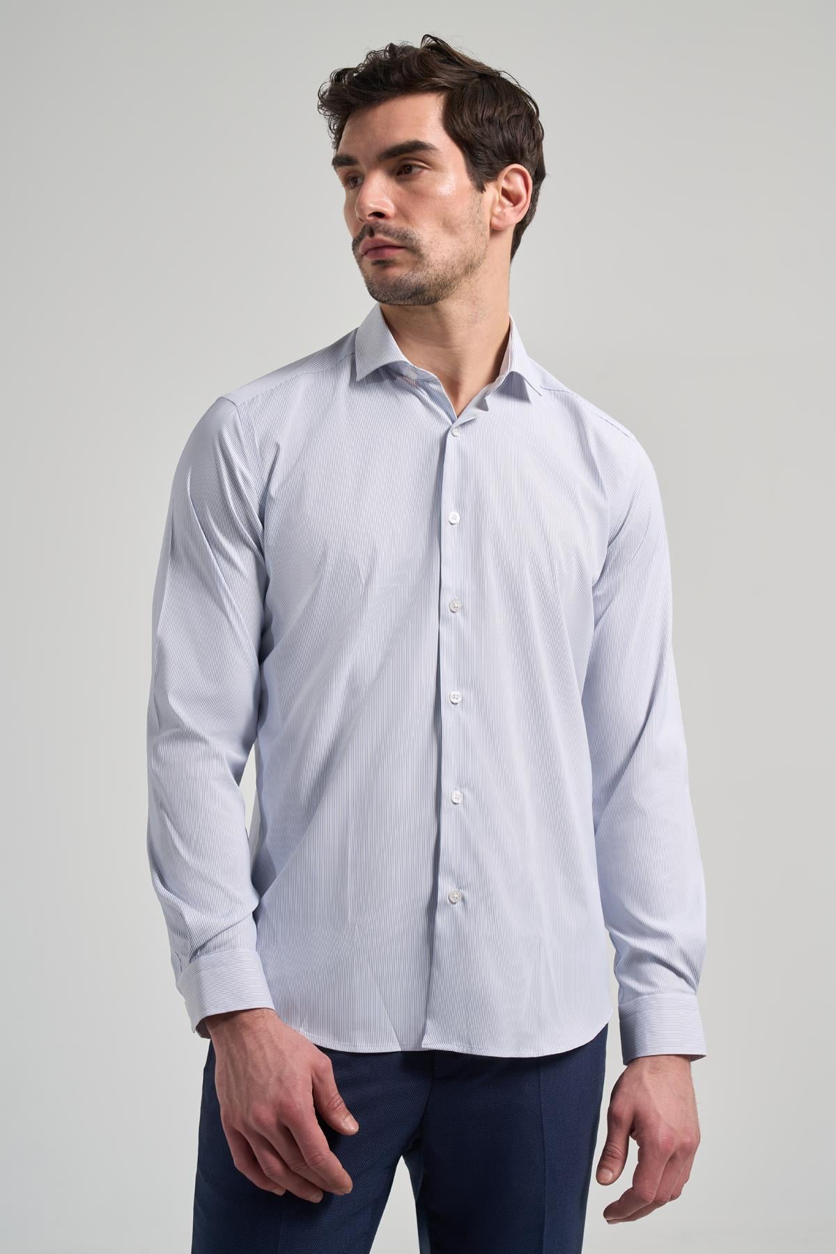 Beyaz Kol Çizgili Desen Bez Ayağı Sert Yaka Cepsiz Esnek Classic Slim Fit Gömlek 1004250158