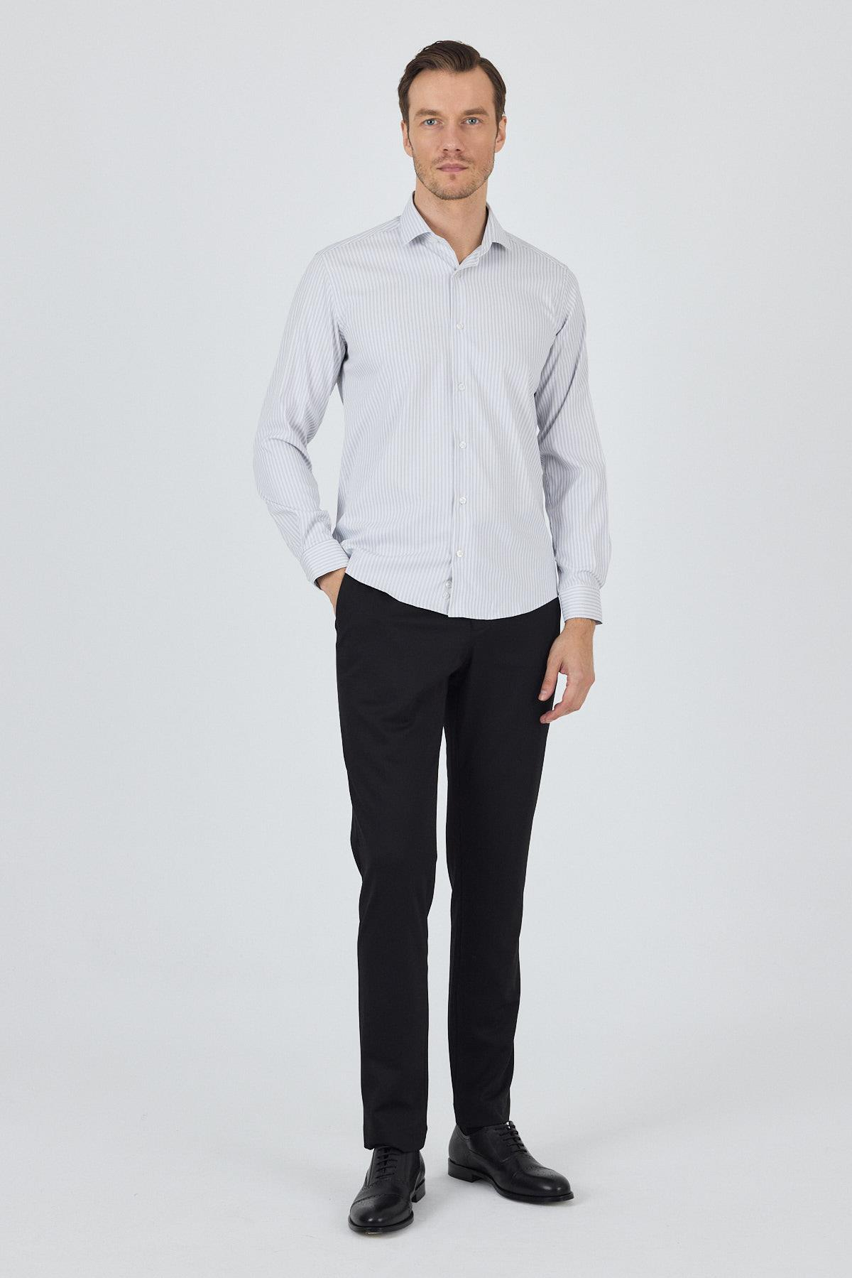 Beyaz Kol Çizgili Desen Bez Ayağı Sert Yaka Cepsiz Esnek Classic Slim Fit Gömlek 1004250159