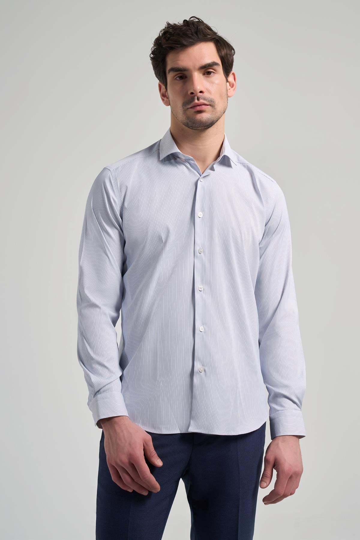 Beyaz Kol Çizgili Desen Bez Ayağı Sert Yaka Cepsiz Esnek Classic Slim Fit Gömlek 1004250158