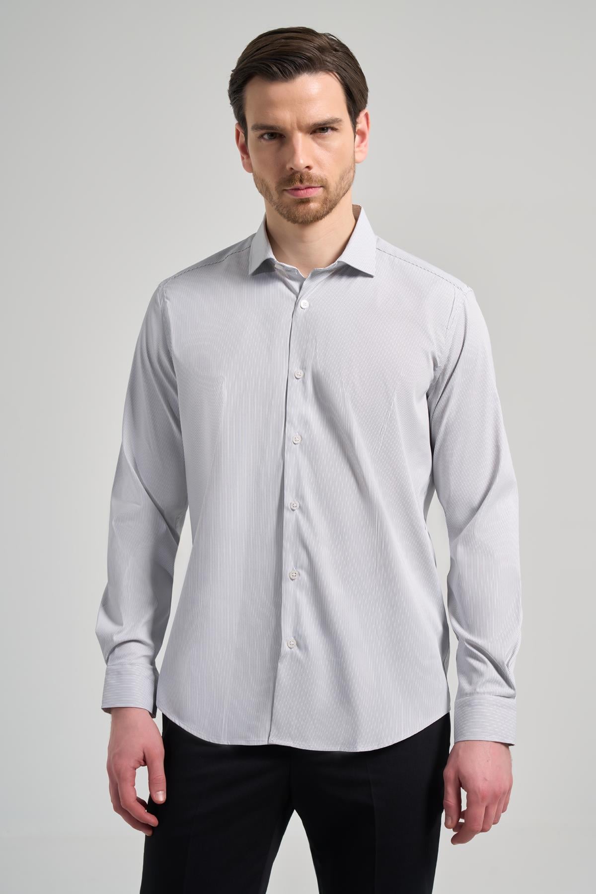 Beyaz Kol Çizgili Desen Bez Ayağı Sert Yaka Cepsiz Esnek Classic Slim Fit Gömlek 1004250158