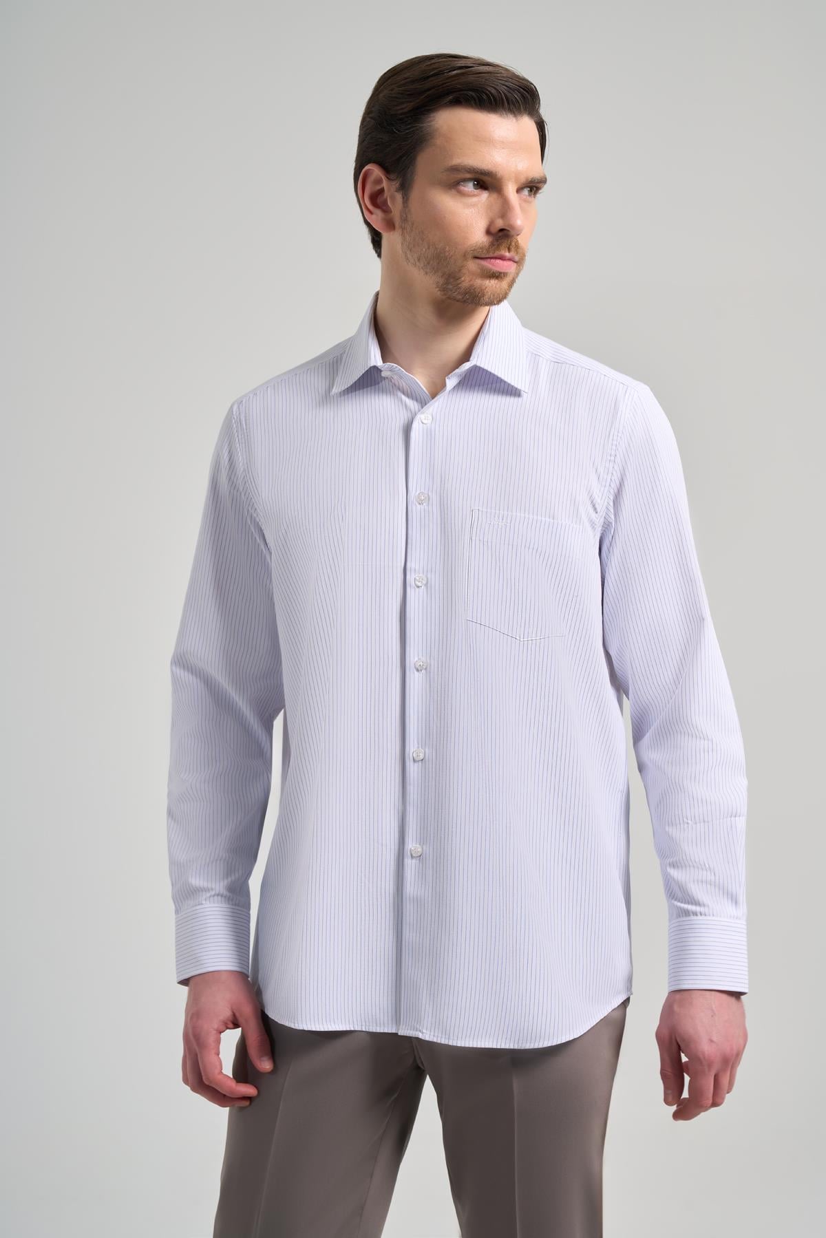 Kol Çizgili Desen Bez Ayağı Sert Yaka cepli Pamuklu Classic Comfort Fit Gömlek 1004250172