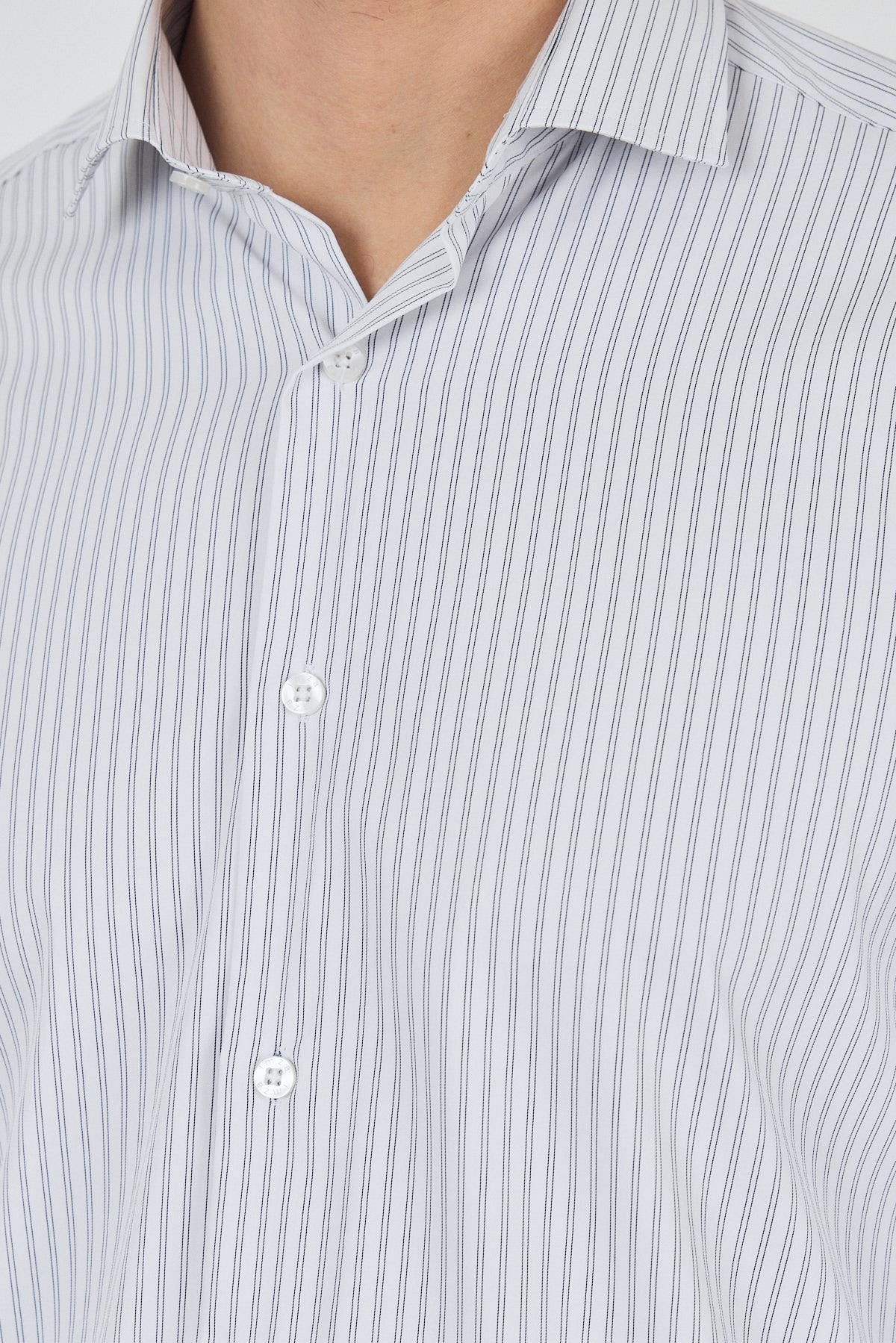 Beyaz Kol Çizgili Desen Bez Ayağı Sert Yaka Cepsiz Esnek Classic Slim Fit Gömlek 1004250159
