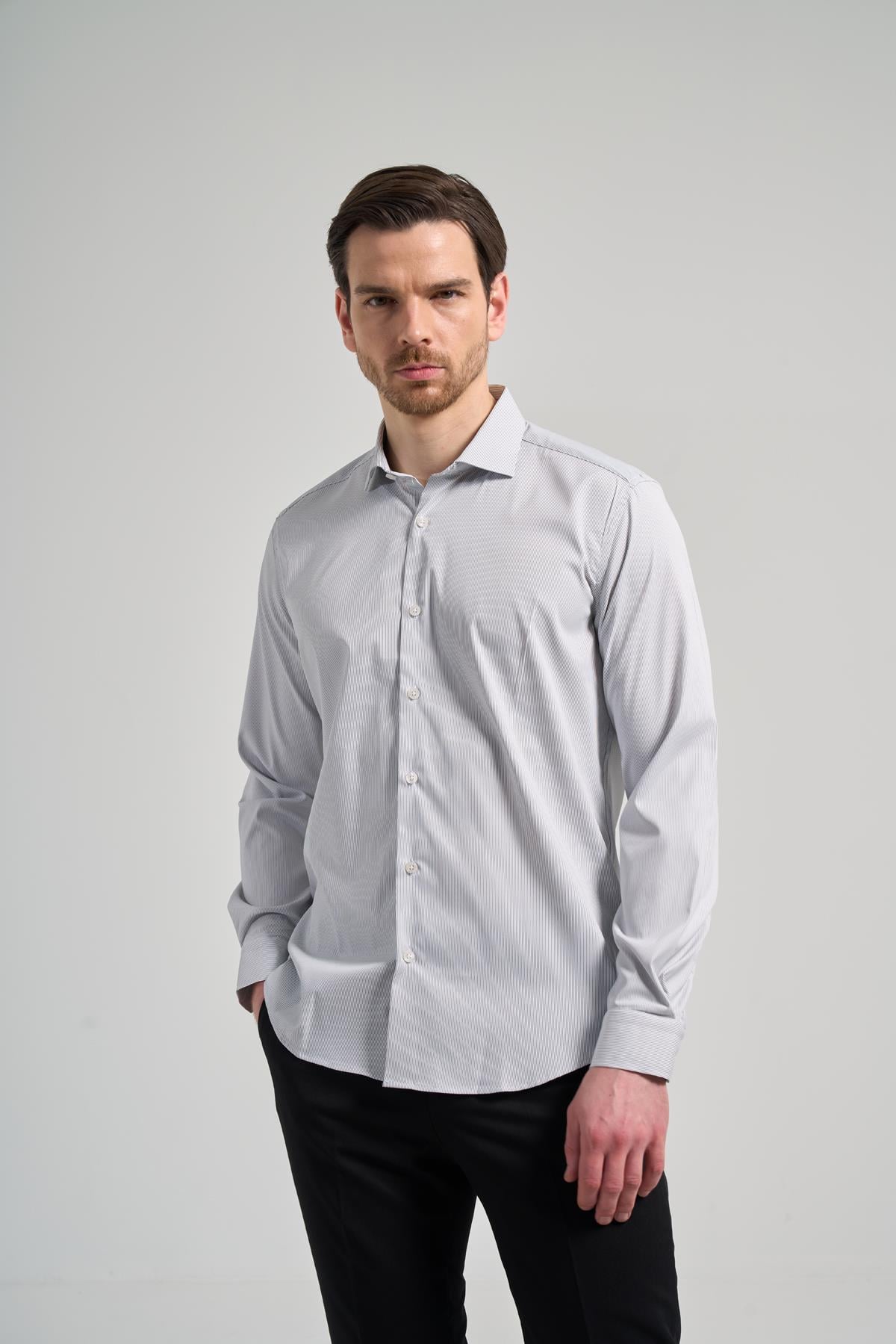Beyaz Kol Çizgili Desen Bez Ayağı Sert Yaka Cepsiz Esnek Classic Slim Fit Gömlek 1004250158
