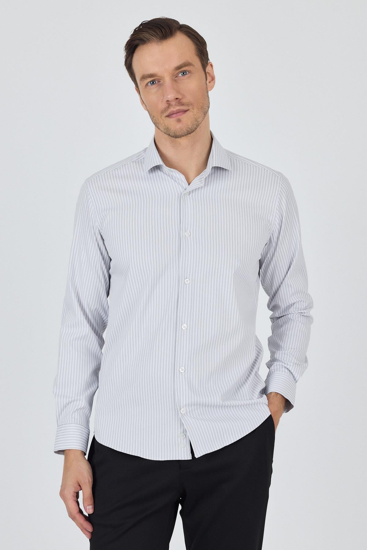 Beyaz Kol Çizgili Desen Bez Ayağı Sert Yaka Cepsiz Esnek Classic Slim Fit Gömlek 1004250159