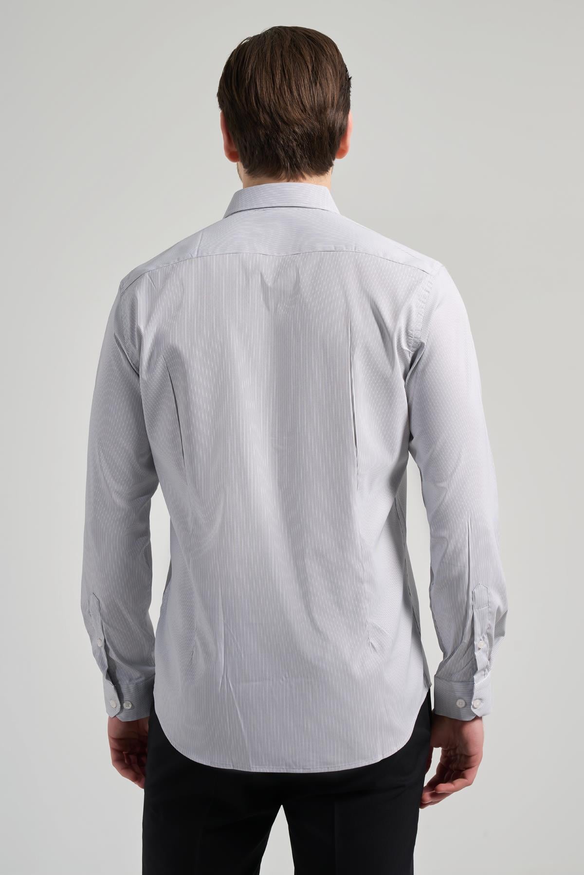 Beyaz Kol Çizgili Desen Bez Ayağı Sert Yaka Cepsiz Esnek Classic Slim Fit Gömlek 1004250158