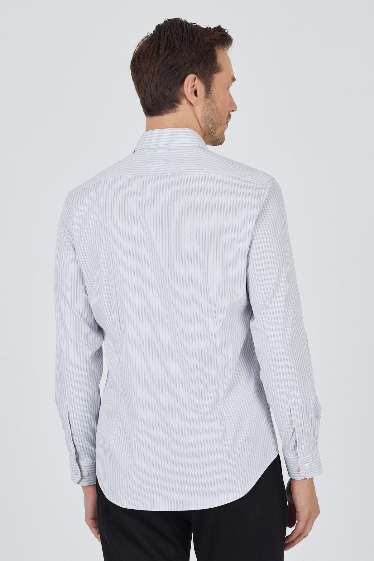 Beyaz Kol Çizgili Desen Bez Ayağı Sert Yaka Cepsiz Esnek Classic Slim Fit Gömlek 1004250159