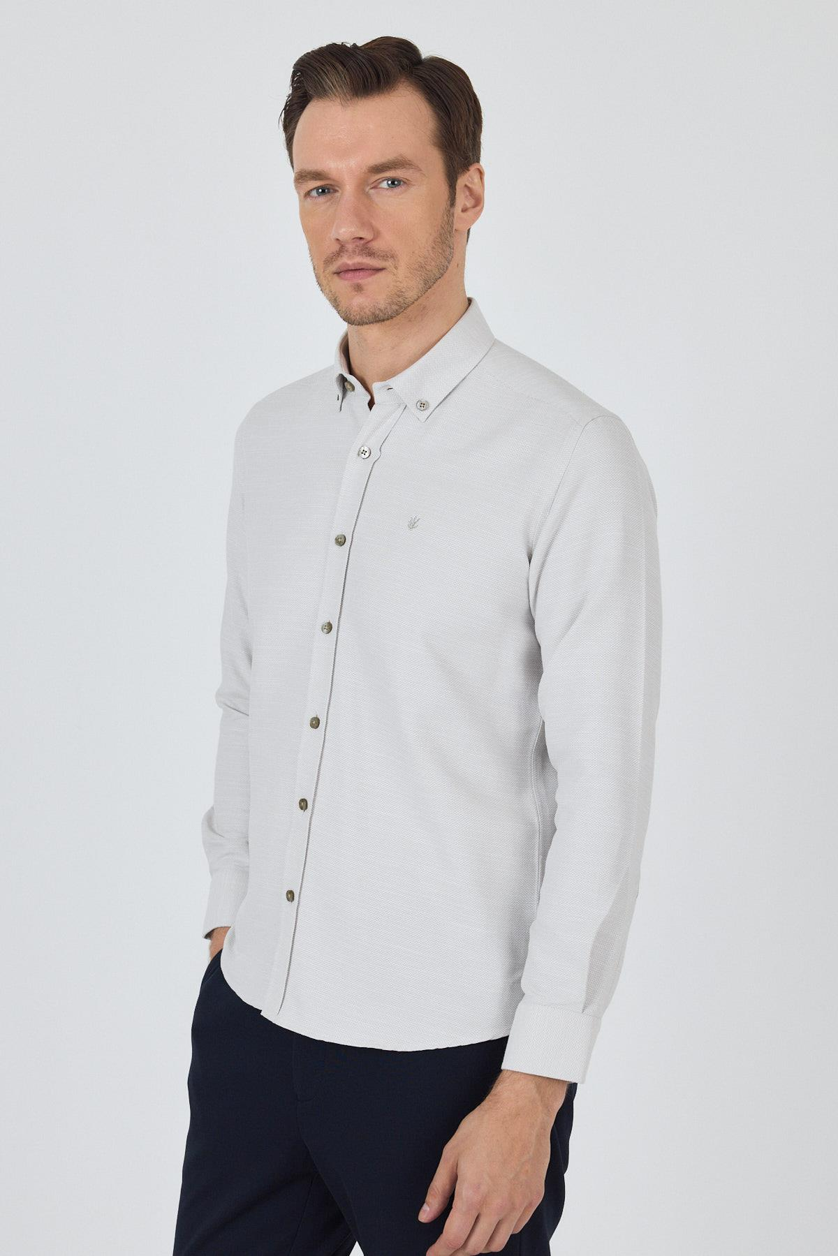 Uzun Kol Desenli Armürlü Düğmeli Yaka Cepsiz Pamuklu Classic Slim Fit Gömlek 1004250205