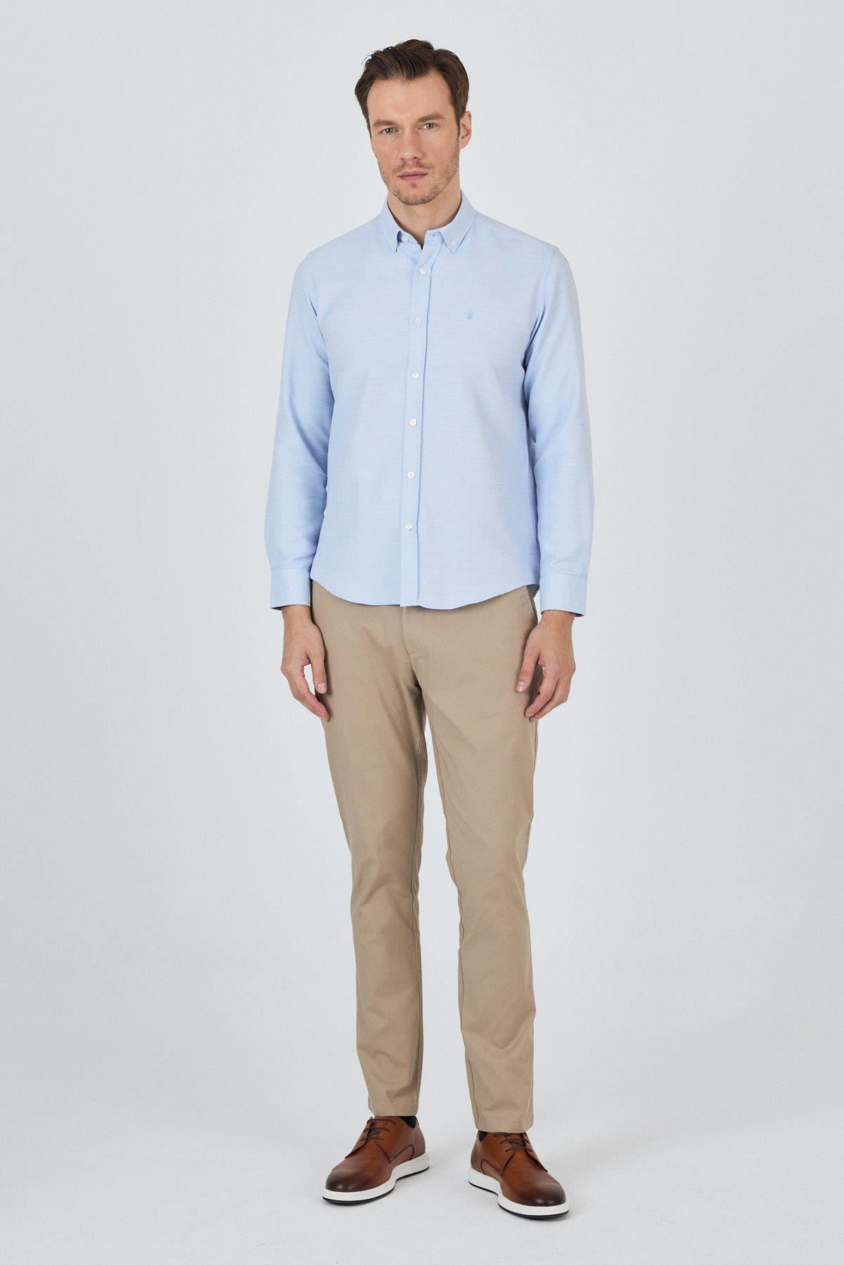 Kol Desenli Armürlü Düğmeli Yaka Cepsiz Pamuklu Classic Slim Fit Gömlek 1004250204