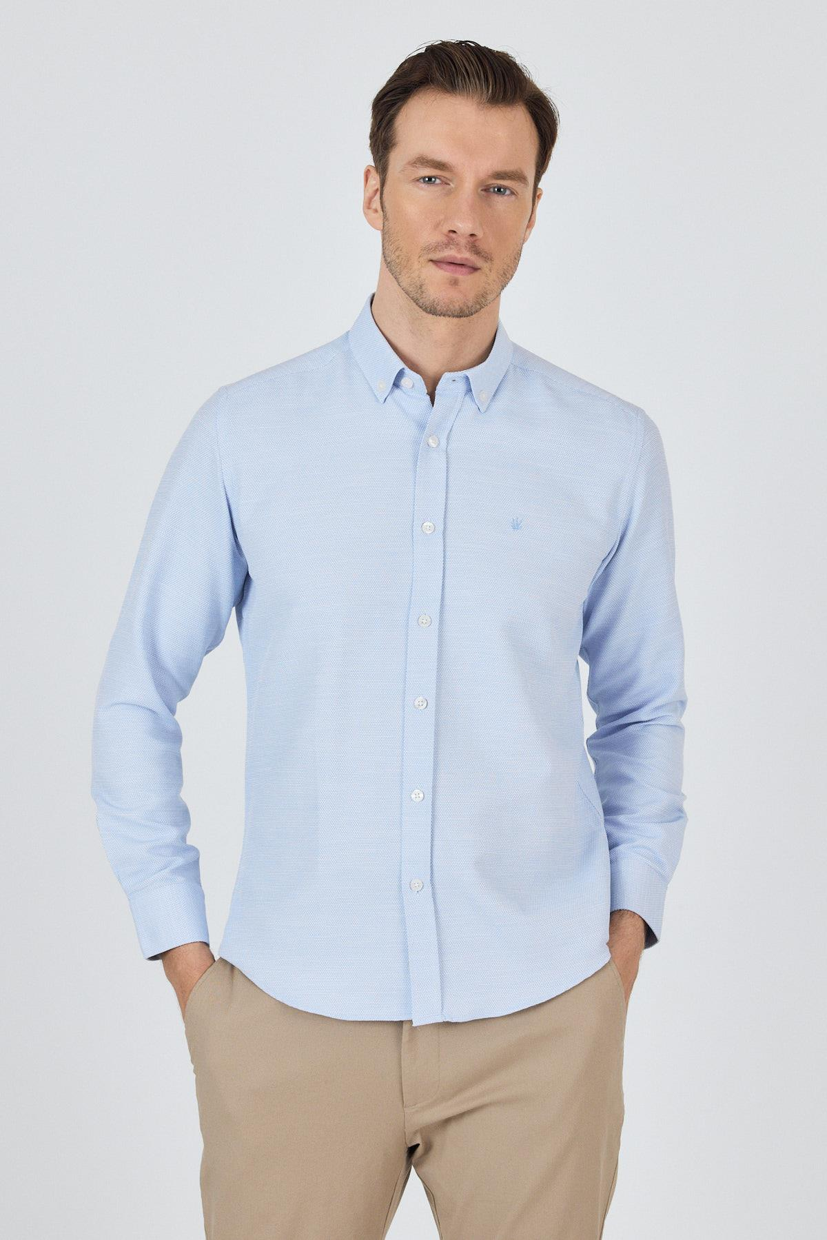 Kol Desenli Armürlü Düğmeli Yaka Cepsiz Pamuklu Classic Slim Fit Gömlek 1004250204