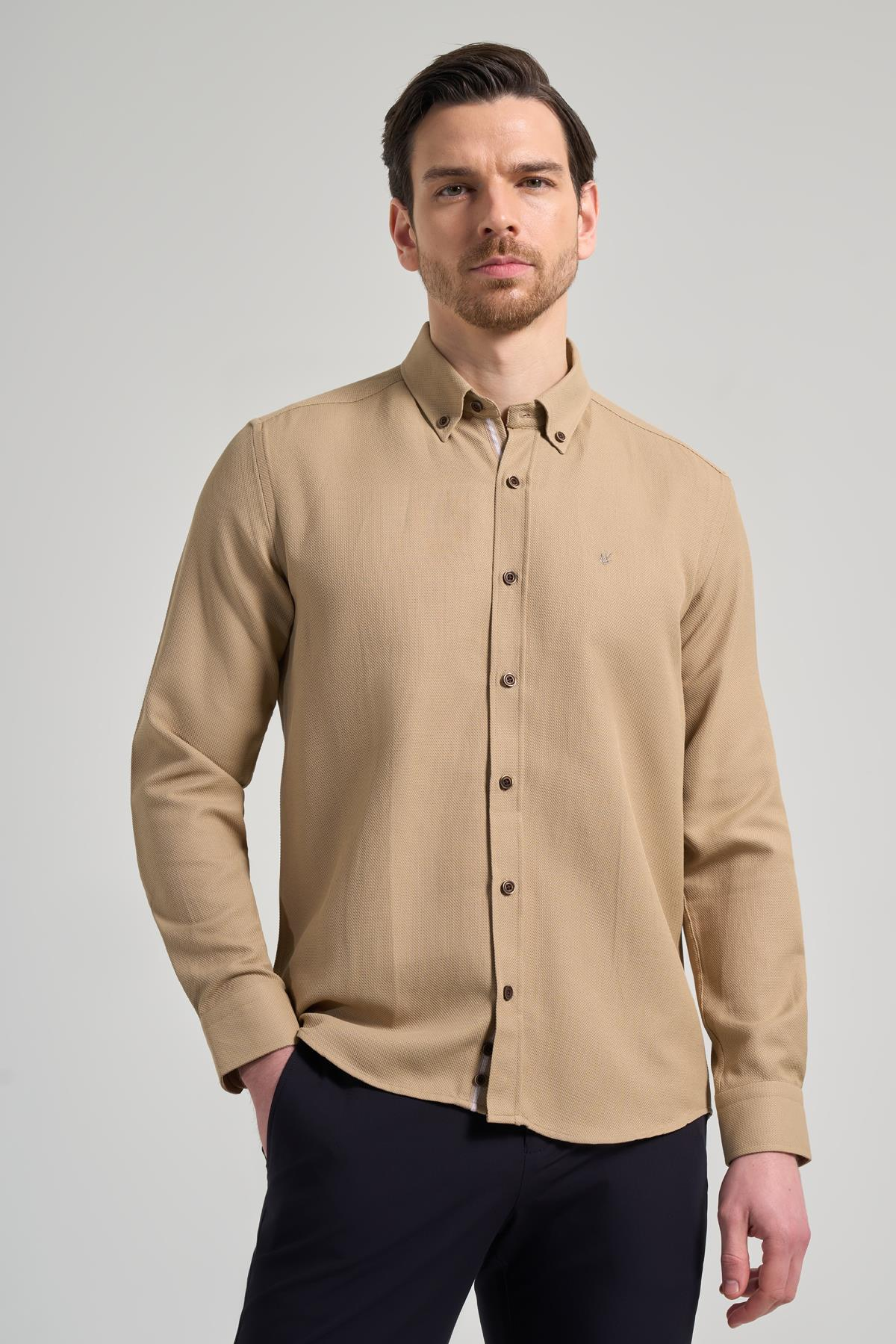 Kol Desenli Armürlü Düğmeli Yaka Cepsiz Pamuklu Casual Slim Fit Gömlek 1004250206