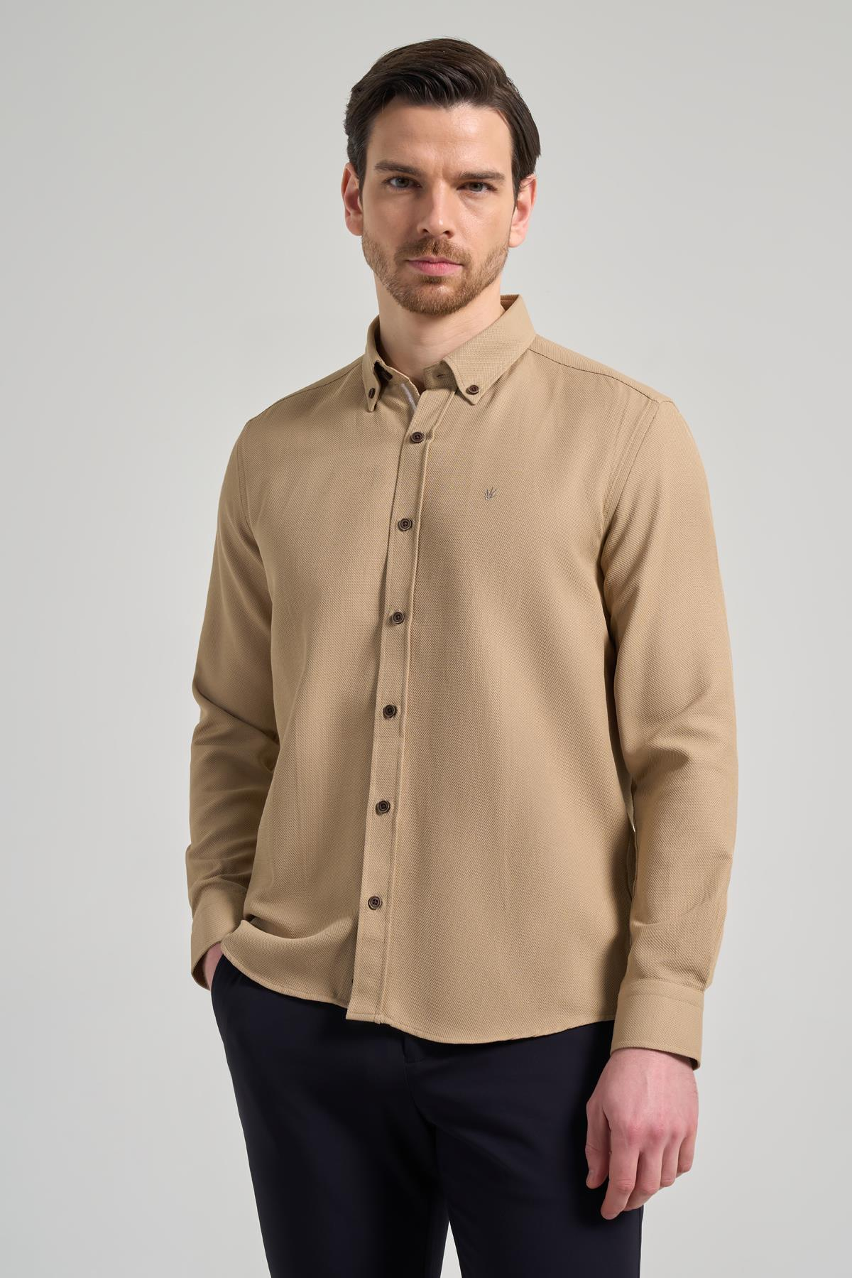 Kol Desenli Armürlü Düğmeli Yaka Cepsiz Pamuklu Casual Slim Fit Gömlek 1004250206