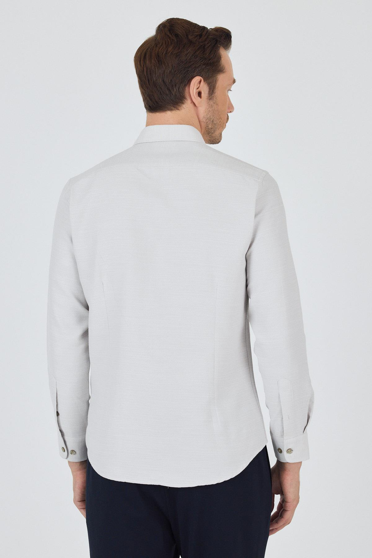 Uzun Kol Desenli Armürlü Düğmeli Yaka Cepsiz Pamuklu Classic Slim Fit Gömlek 1004250205