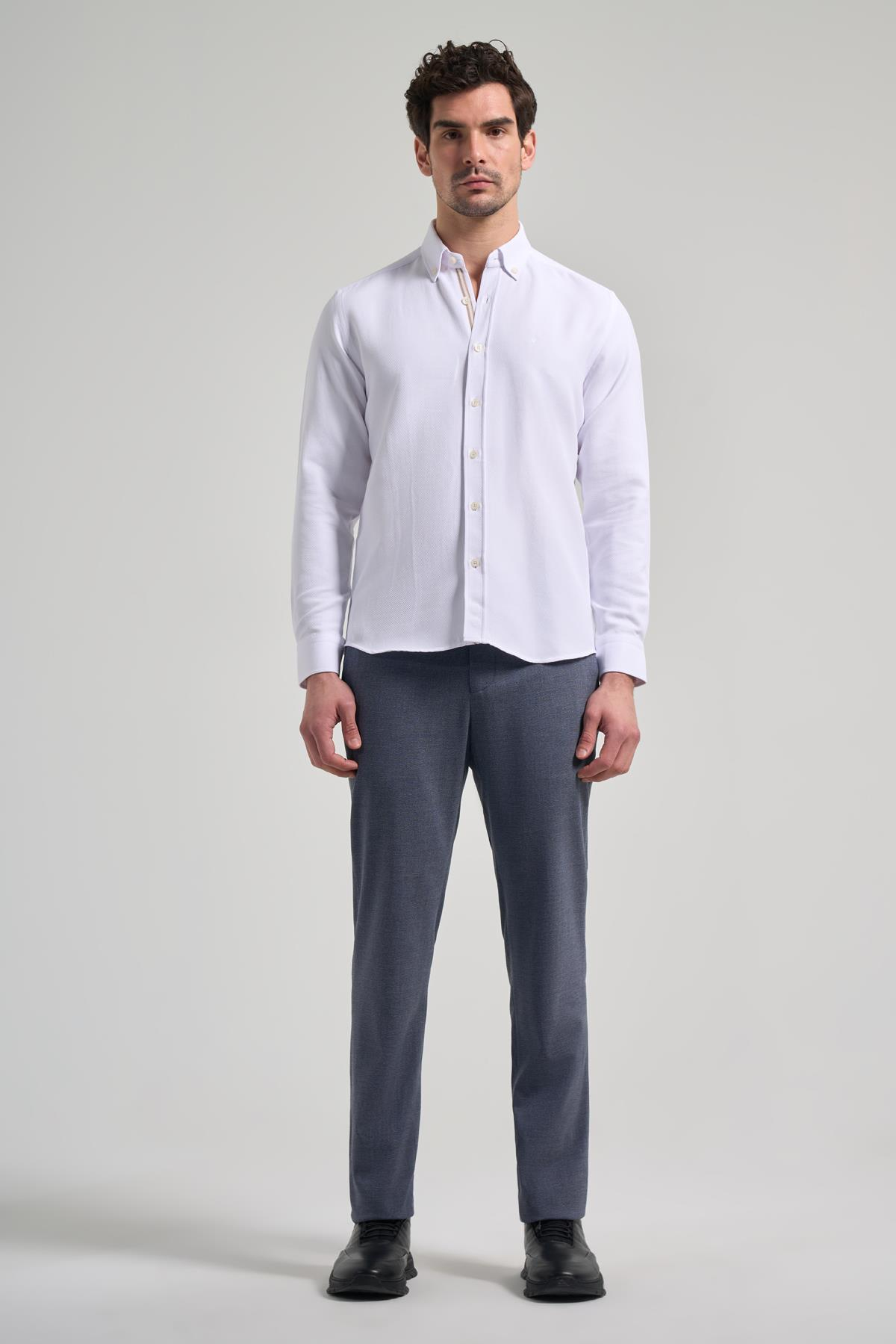 Kol Desenli Armürlü Düğmeli Yaka Cepsiz Pamuklu Casual Slim Fit Gömlek 1004250206