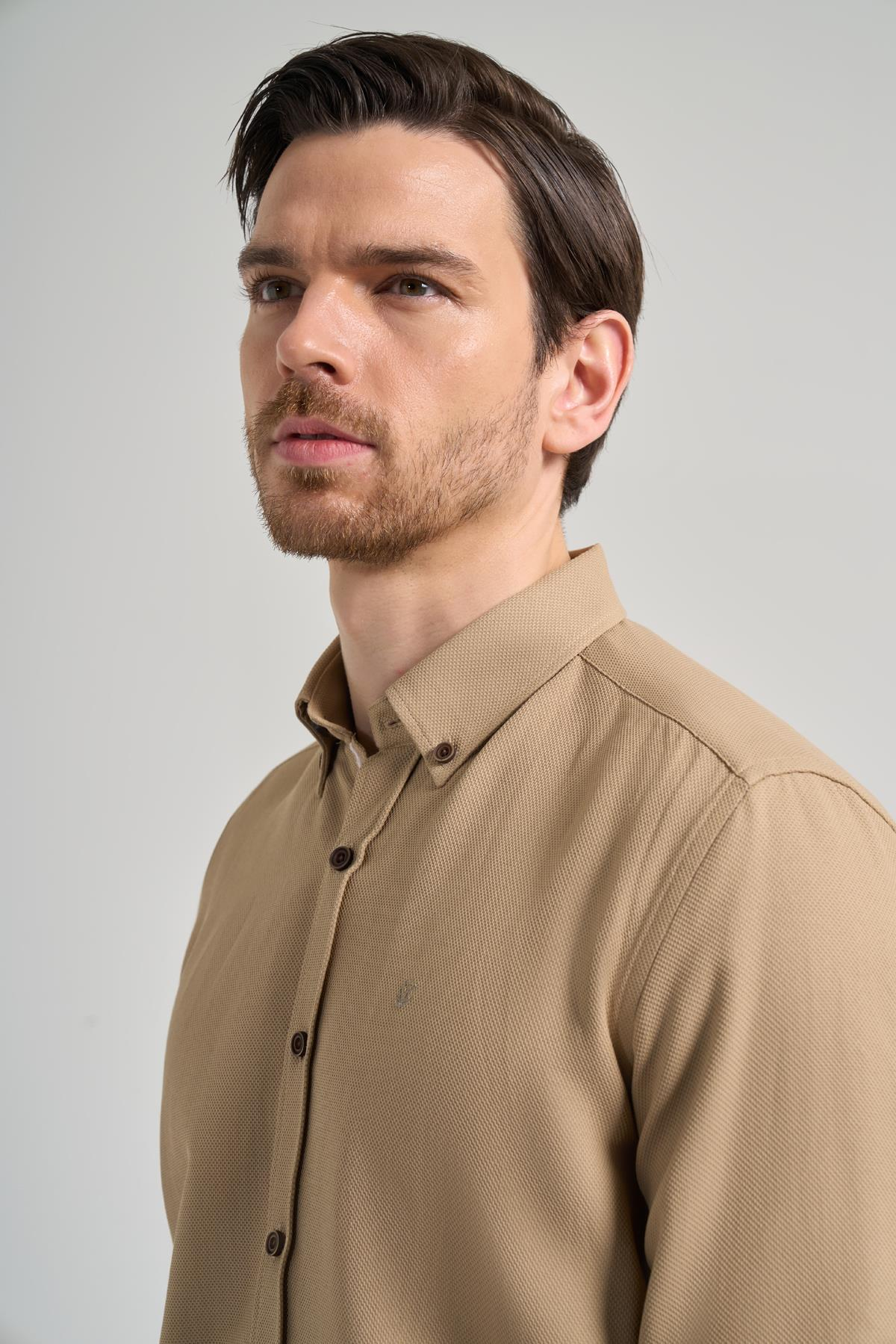 Kol Desenli Armürlü Düğmeli Yaka Cepsiz Pamuklu Casual Slim Fit Gömlek 1004250206
