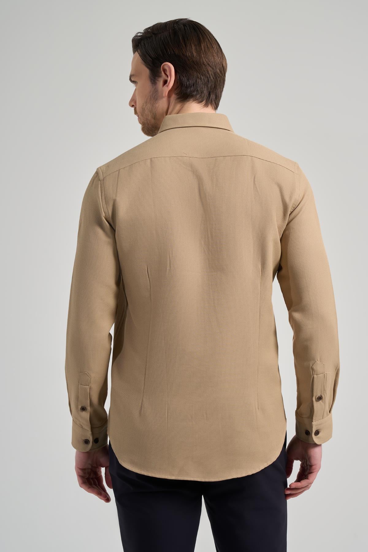 Kol Desenli Armürlü Düğmeli Yaka Cepsiz Pamuklu Casual Slim Fit Gömlek 1004250206