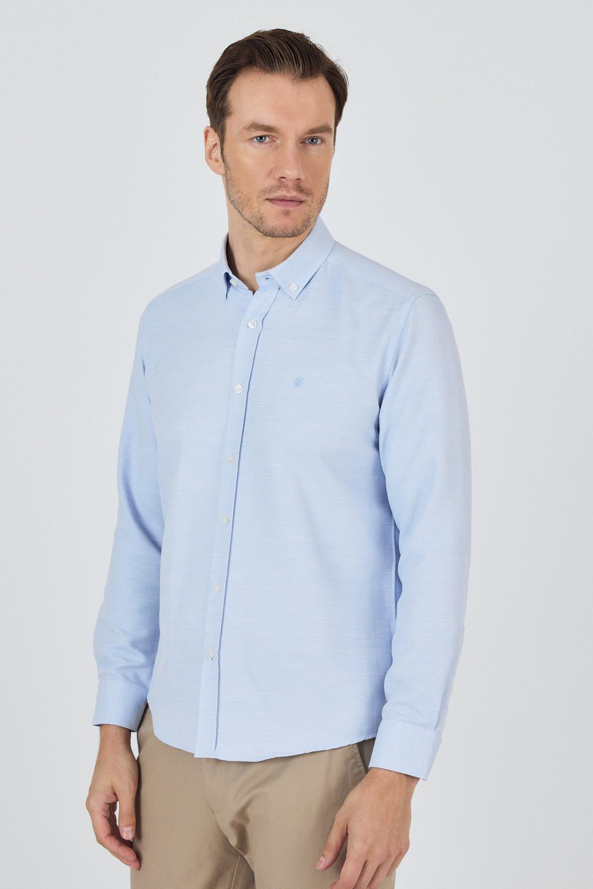 Kol Desenli Armürlü Düğmeli Yaka Cepsiz Pamuklu Classic Slim Fit Gömlek 1004250204