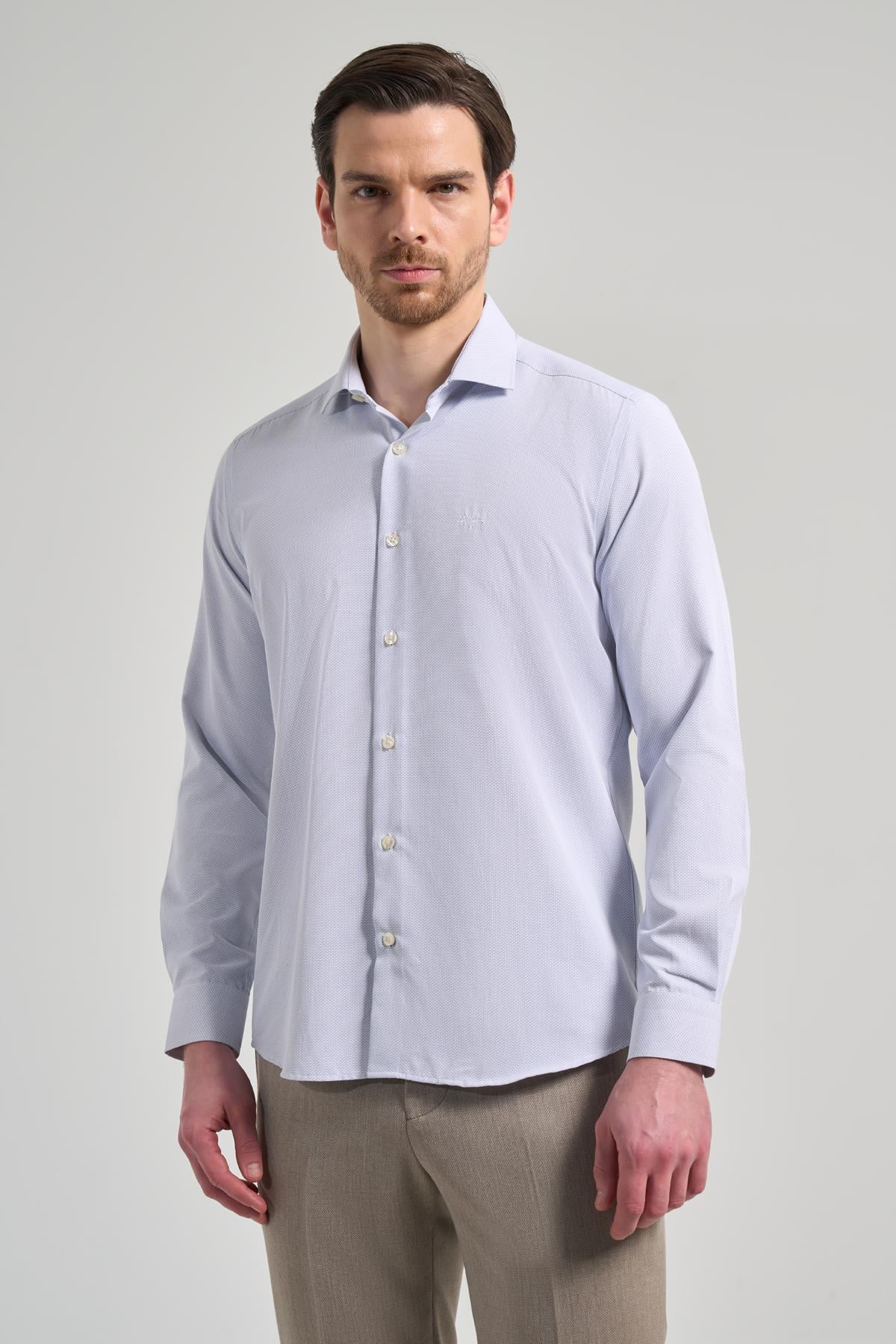 Mavi Kol Desenli Armürlü İtalyan Yaka Cepsiz Pamuklu Classic Slim Fit Gömlek 1004250161
