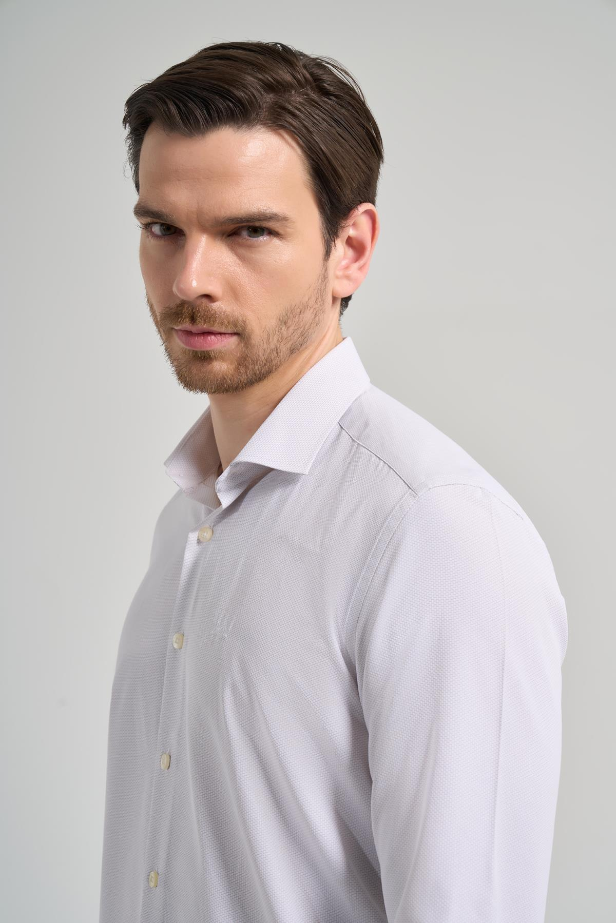 Gri Kol Desenli Armürlü İtalyan Yaka Cepsiz Pamuklu Classic Slim Fit Gömlek 1004250161