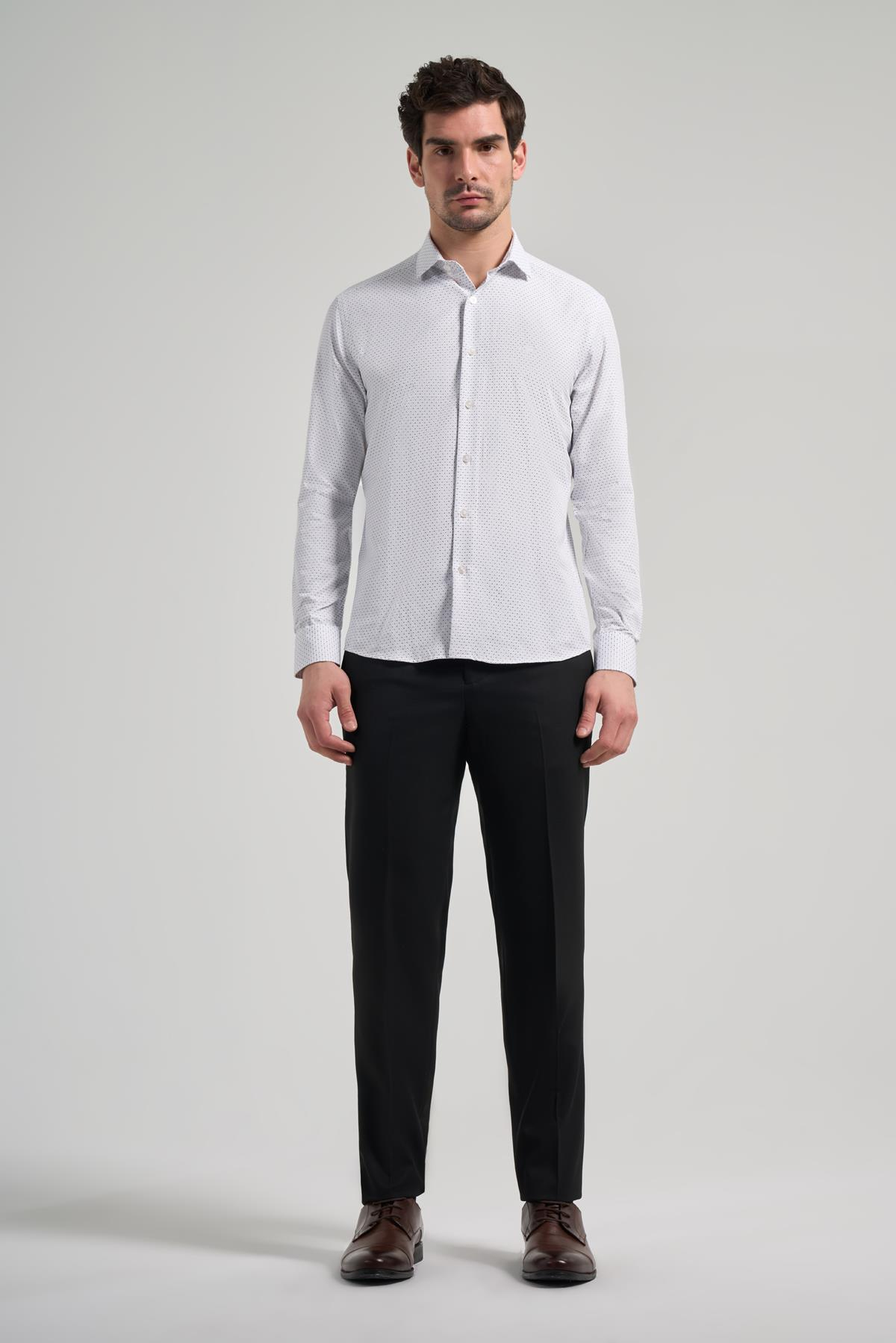 Uzun Kol Desenli Armürlü İtalyan Yaka Cepsiz Pamuklu Classic Slim Fit Gömlek 1004250196
