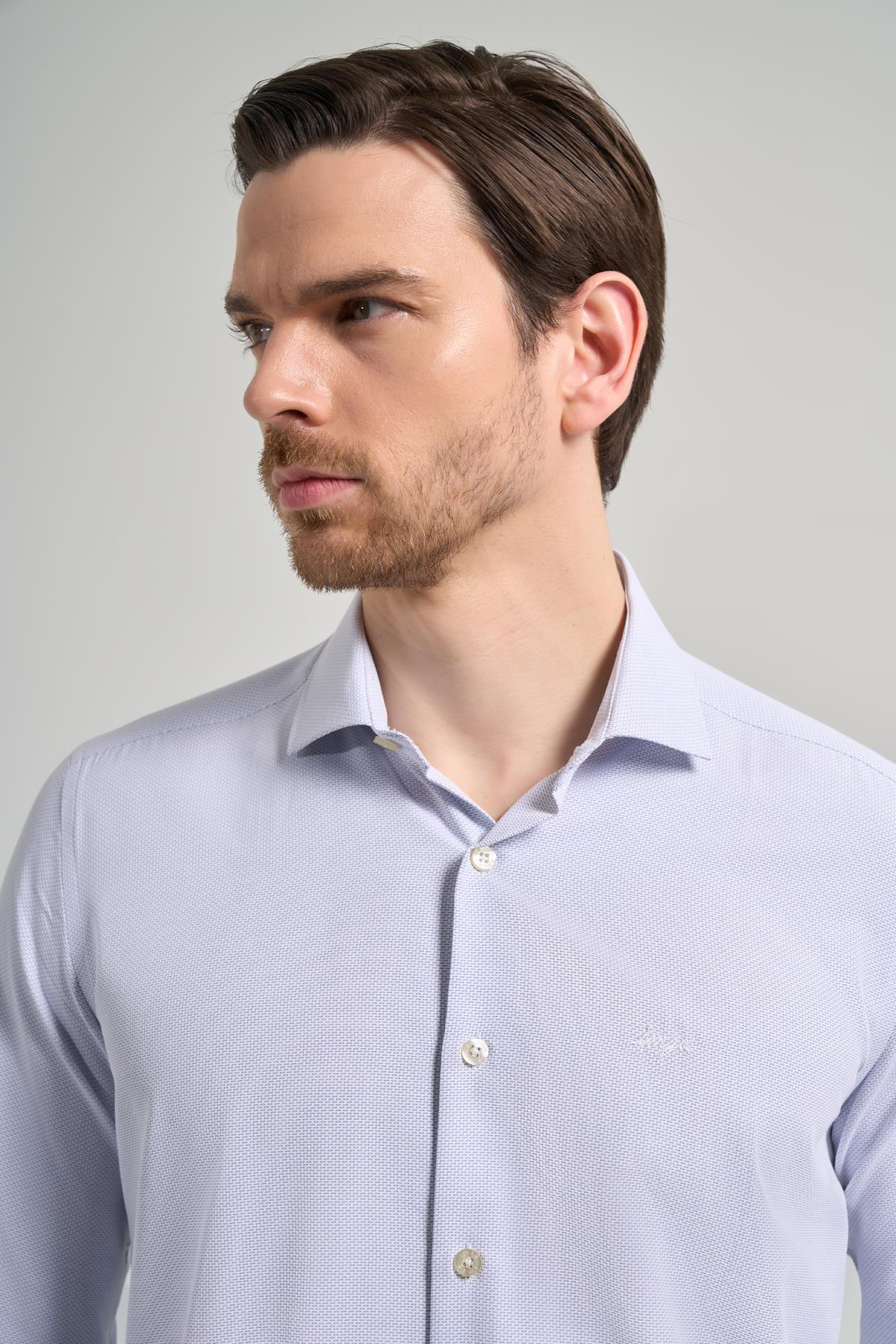 Mavi Kol Desenli Armürlü İtalyan Yaka Cepsiz Pamuklu Classic Slim Fit Gömlek 1004250161