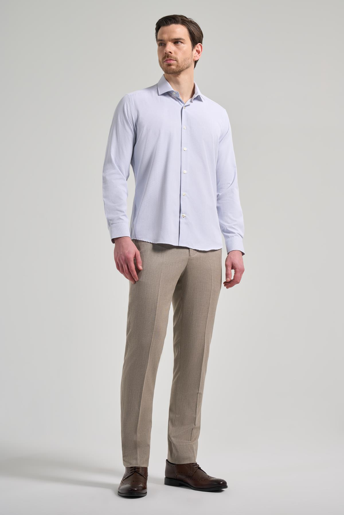 Mavi Kol Desenli Armürlü İtalyan Yaka Cepsiz Pamuklu Classic Slim Fit Gömlek 1004250161