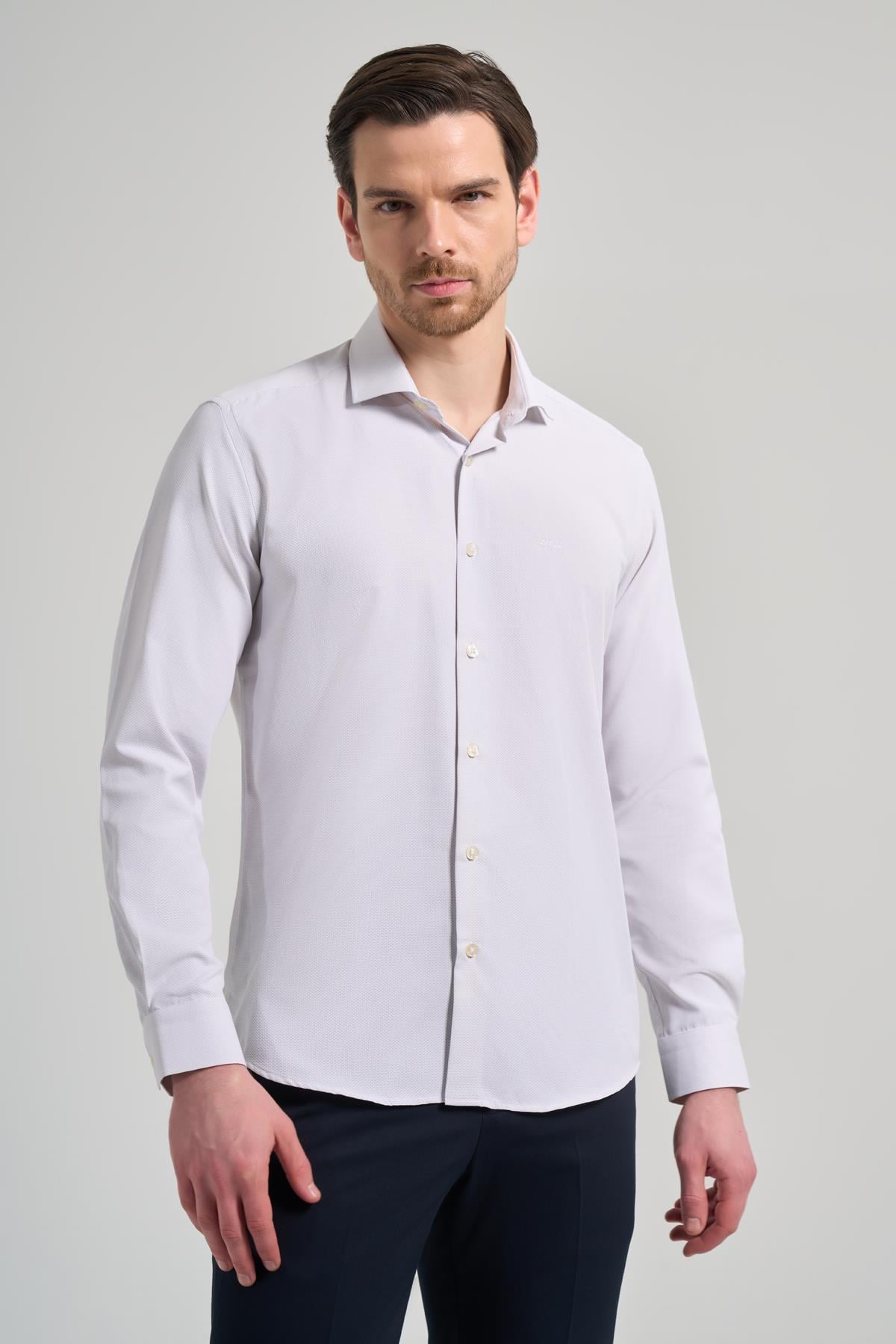 Gri Kol Desenli Armürlü İtalyan Yaka Cepsiz Pamuklu Classic Slim Fit Gömlek 1004250161