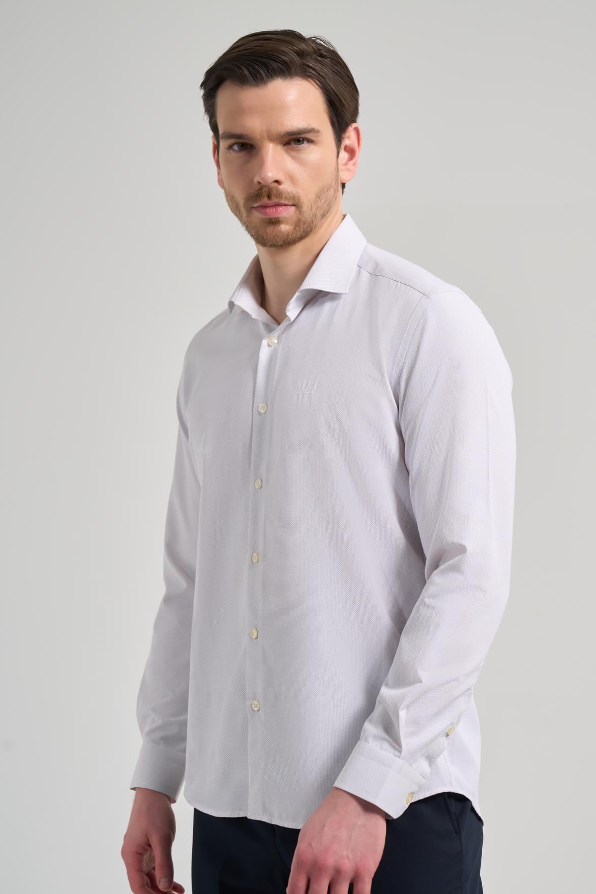 Gri Kol Desenli Armürlü İtalyan Yaka Cepsiz Pamuklu Classic Slim Fit Gömlek 1004250161