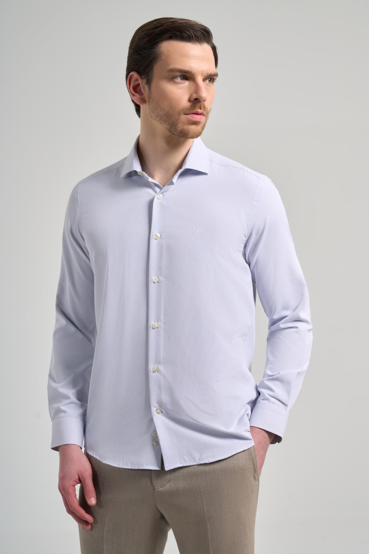 Mavi Kol Desenli Armürlü İtalyan Yaka Cepsiz Pamuklu Classic Slim Fit Gömlek 1004250161