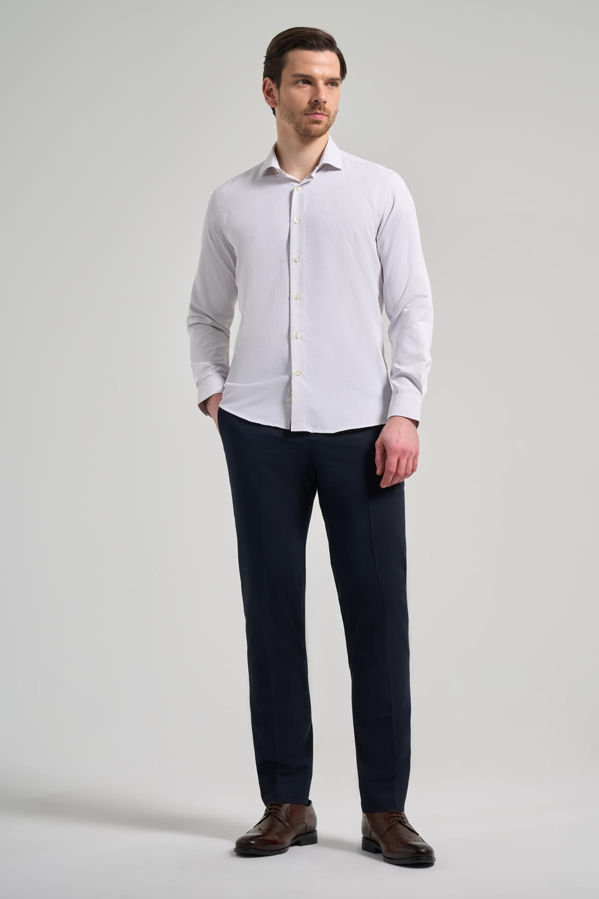 Gri Kol Desenli Armürlü İtalyan Yaka Cepsiz Pamuklu Classic Slim Fit Gömlek 1004250161