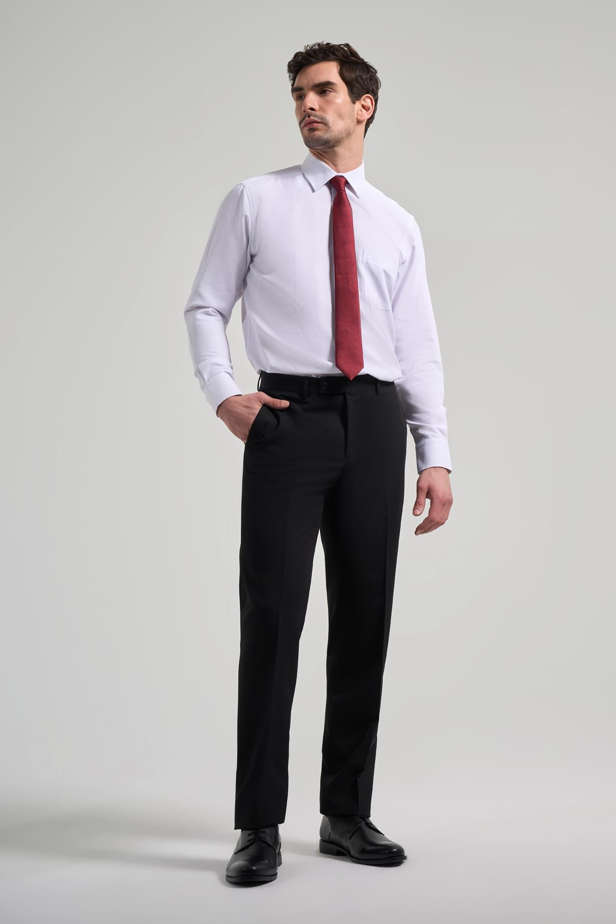 Beyaz Kol Desenli Armürlü Sert Yaka cepli Pamuklu Classic Comfort Fit Gömlek 1004250171