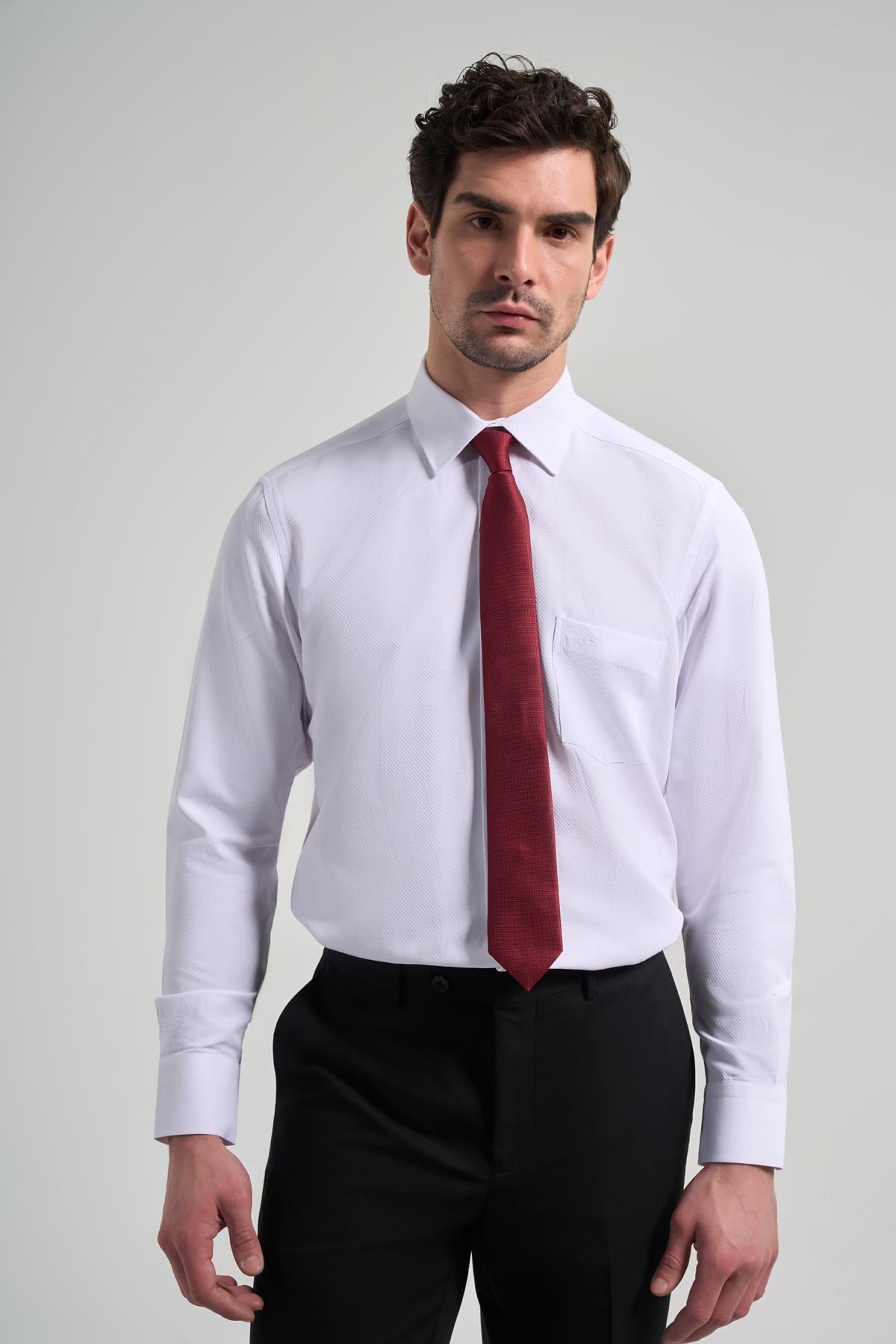 Beyaz Kol Desenli Armürlü Sert Yaka cepli Pamuklu Classic Comfort Fit Gömlek 1004250171