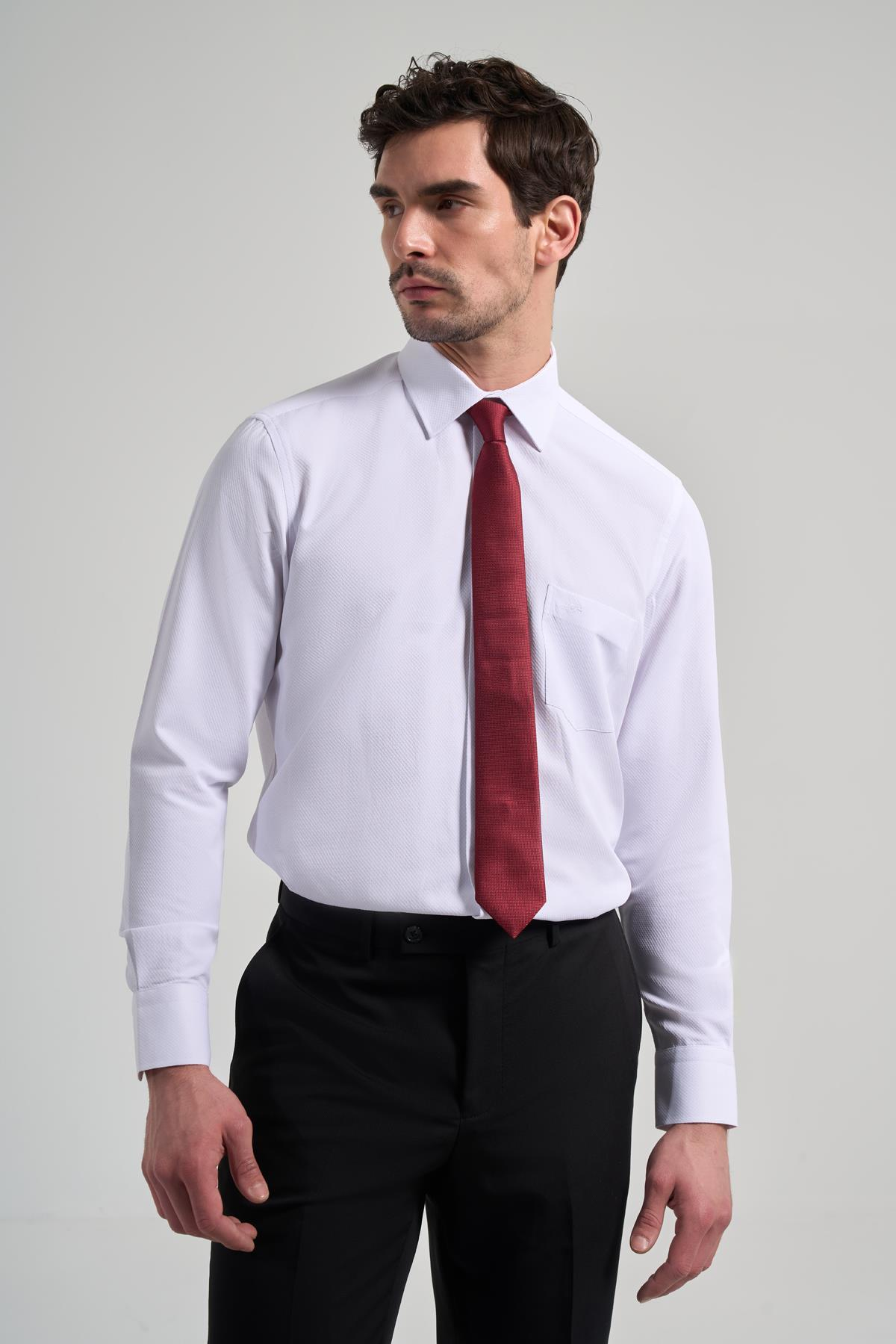Beyaz Kol Desenli Armürlü Sert Yaka cepli Pamuklu Classic Comfort Fit Gömlek 1004250171