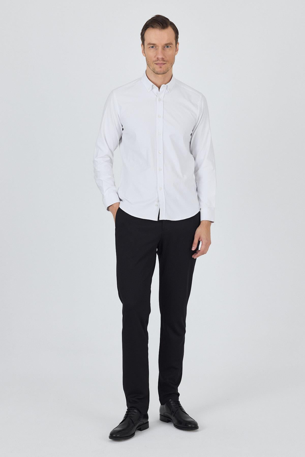 Kol Düz Bez Ayağı Düğmeli Yaka Cepsiz Pamuklu Casual Slim Fit Gömlek 1004250212