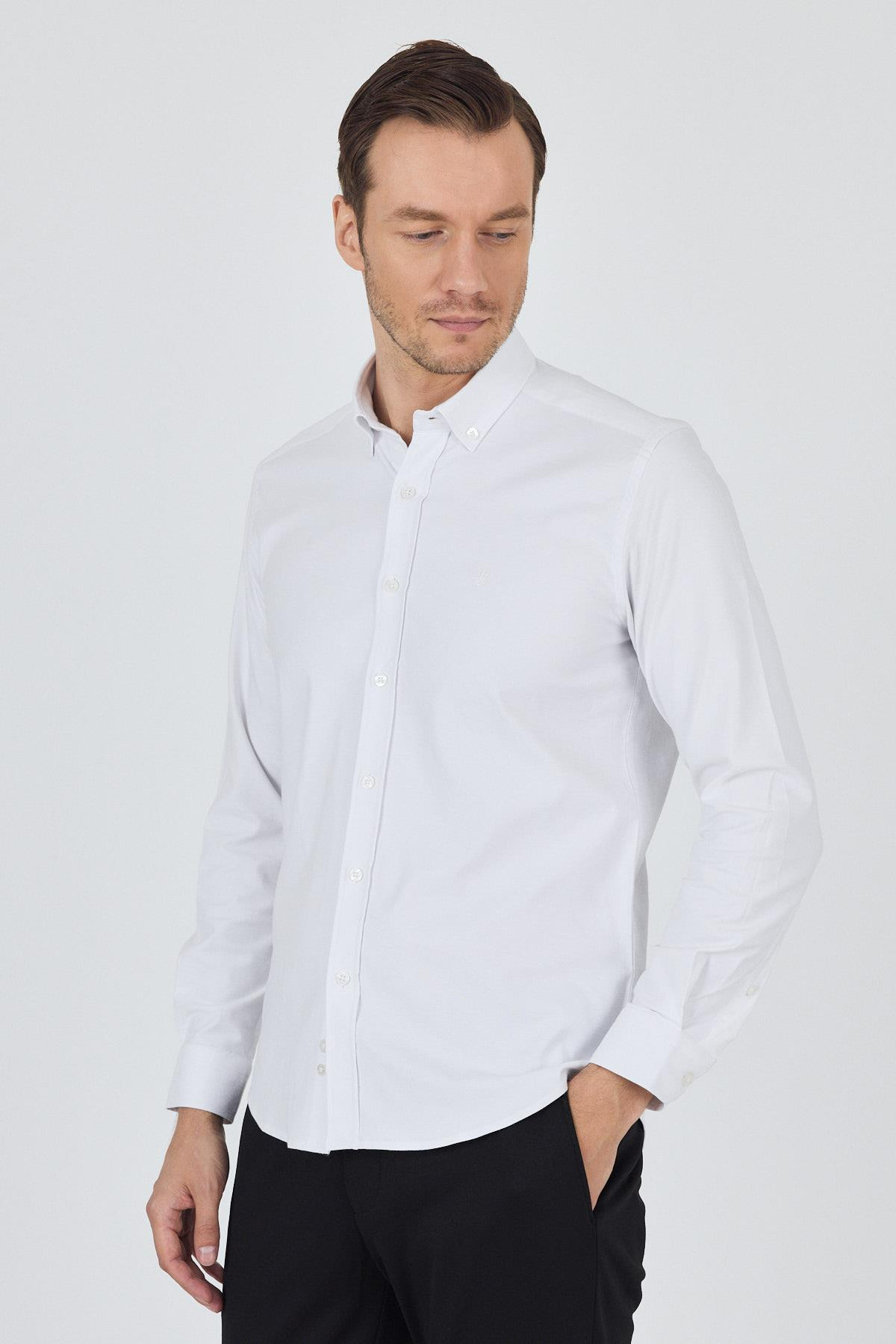 Kol Düz Bez Ayağı Düğmeli Yaka Cepsiz Pamuklu Casual Slim Fit Gömlek 1004250212