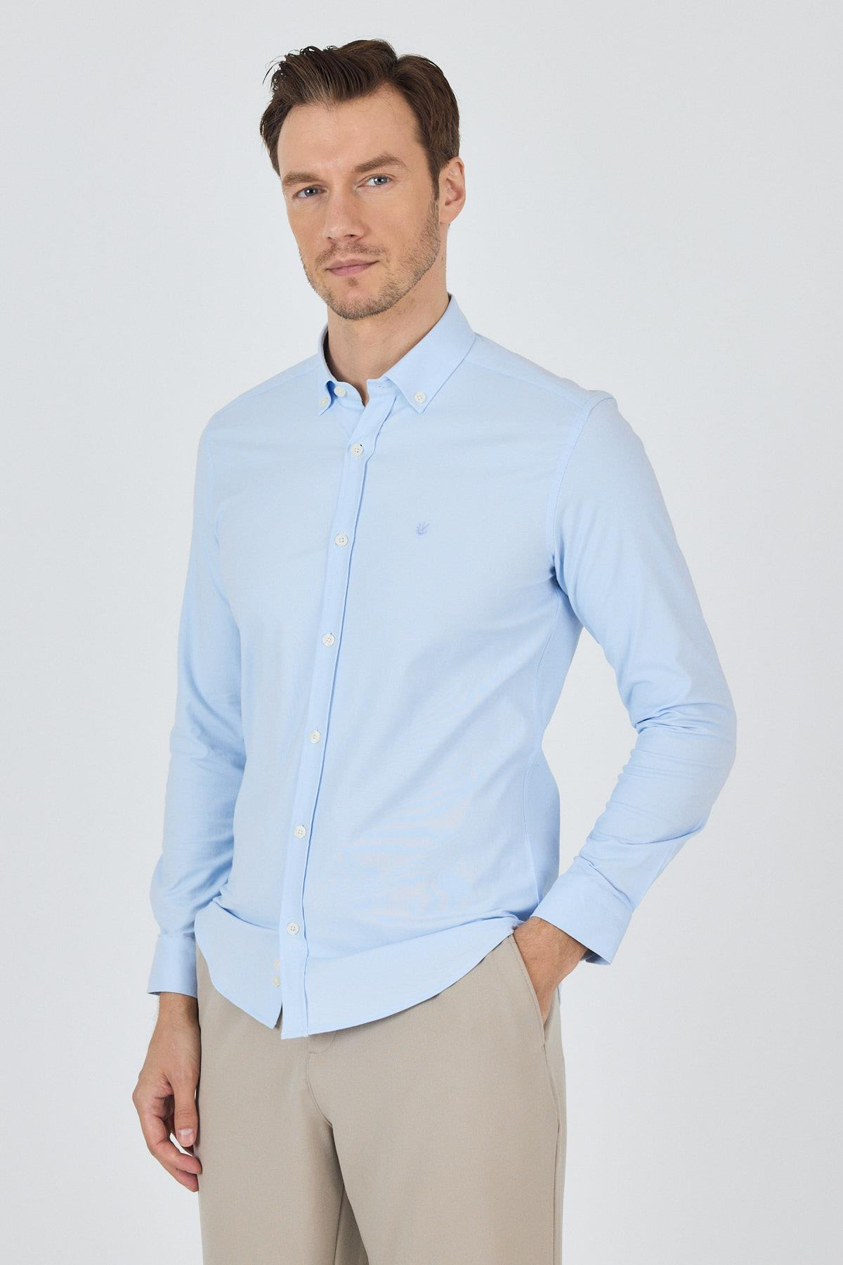 Kol Düz Bez Ayağı Düğmeli Yaka Cepsiz Pamuklu Casual Slim Fit Gömlek 1004250212