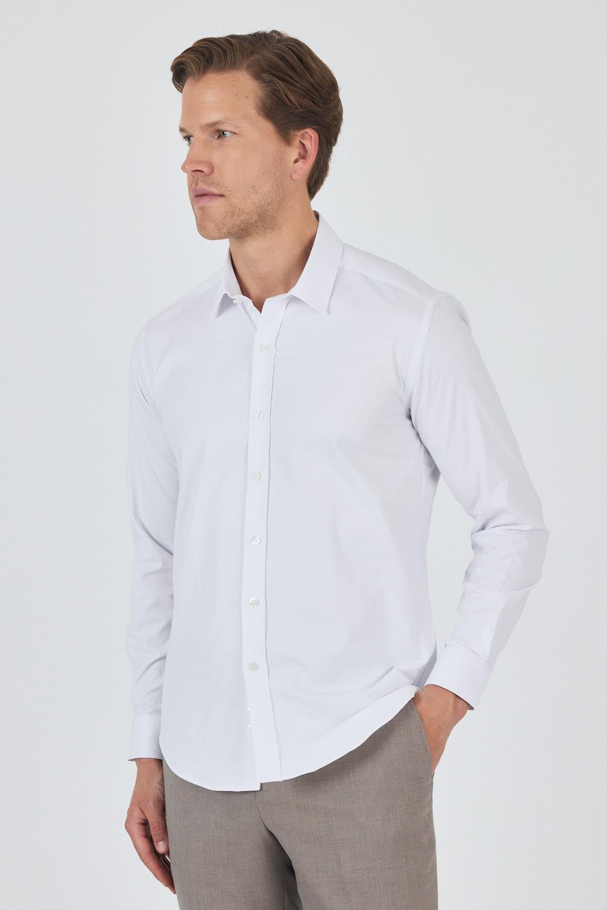 Kol Düz Bez Ayağı Sert Yaka Cepsiz Pamuklu Classic Slim Fit Gömlek 1004250195