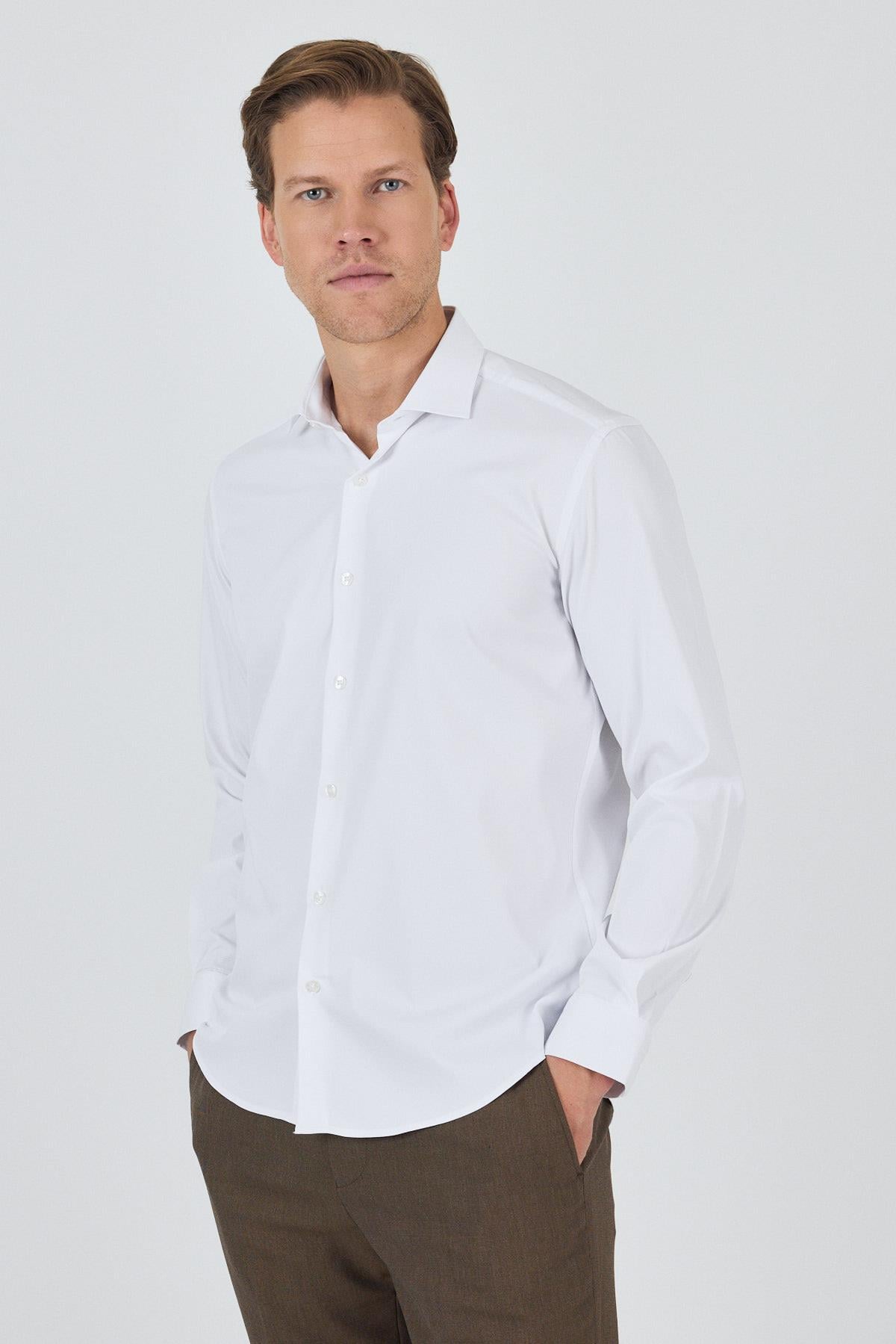 Beyaz Kol Düz Bez Ayağı Sert Yaka Cepsiz Pamuklu Classic Slim Fit Gömlek 1004250160