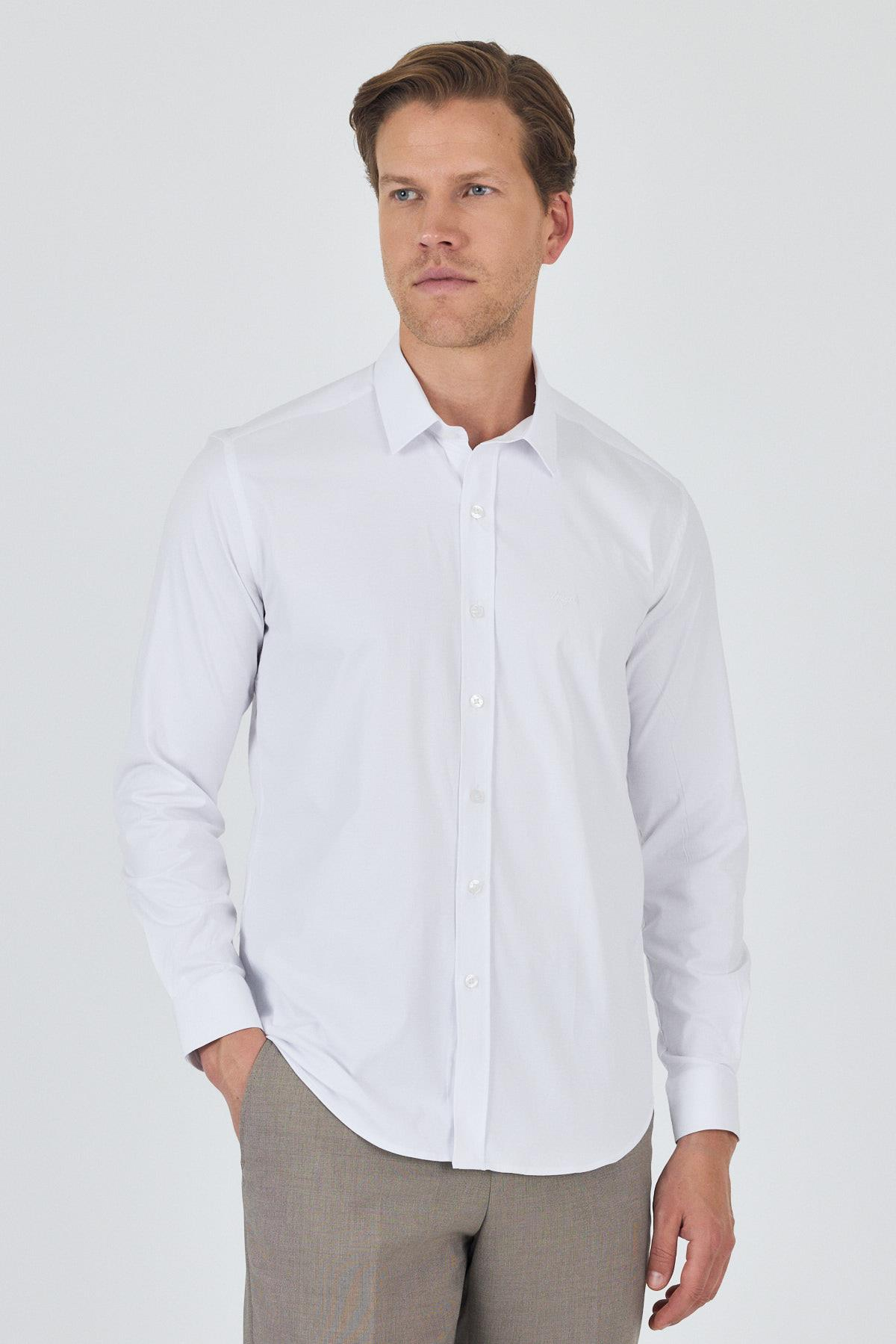 Kol Düz Bez Ayağı Sert Yaka Cepsiz Pamuklu Classic Slim Fit Gömlek 1004250195