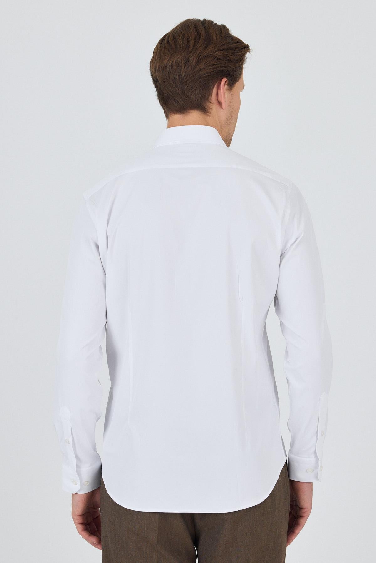 Beyaz Kol Düz Bez Ayağı Sert Yaka Cepsiz Pamuklu Classic Slim Fit Gömlek 1004250160