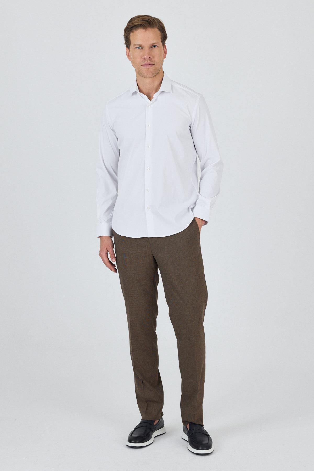 Beyaz Kol Düz Bez Ayağı Sert Yaka Cepsiz Pamuklu Classic Slim Fit Gömlek 1004250160