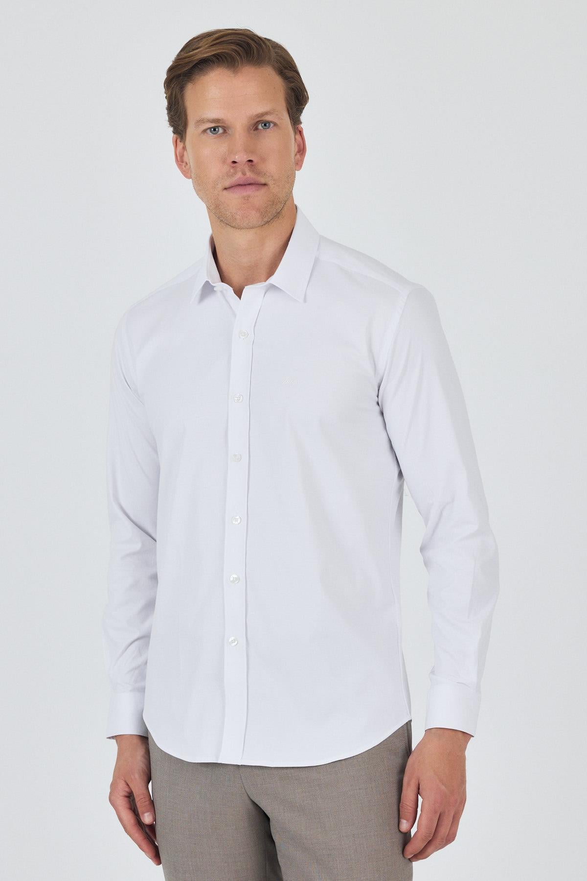 Kol Düz Bez Ayağı Sert Yaka Cepsiz Pamuklu Classic Slim Fit Gömlek 1004250195