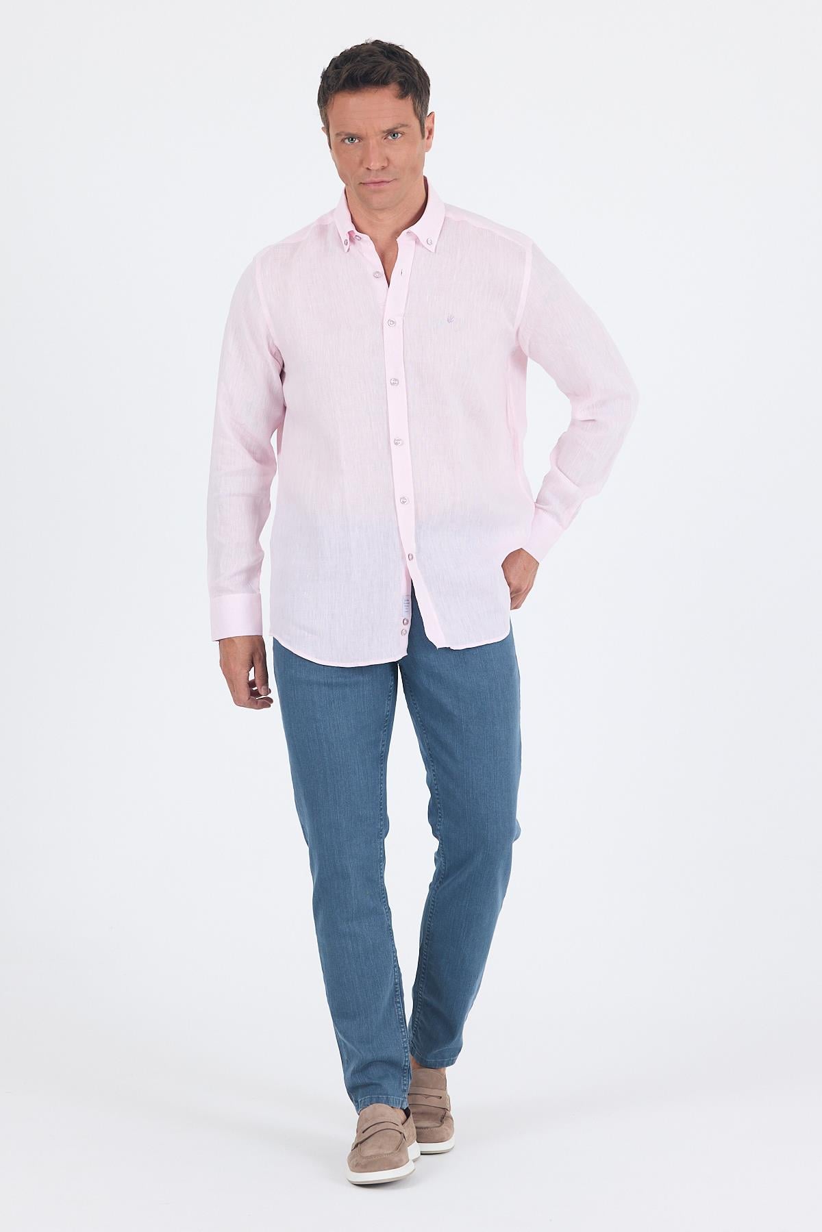 Pembe Kol Düz Keten Düğmeli Yaka Cepsiz Casual Comfort Fit Gömlek 1004250114