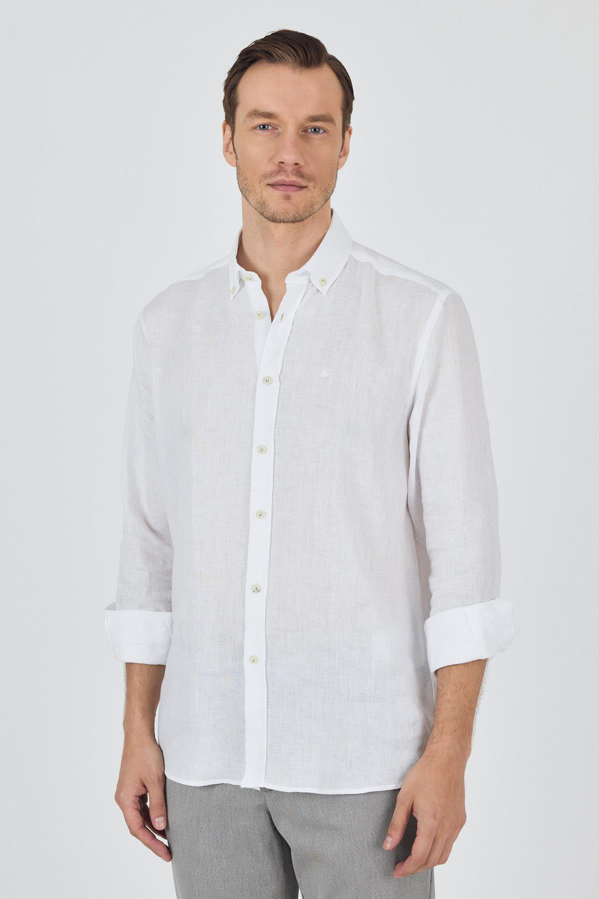 Kol Düz Keten Düğmeli Yaka Cepsiz Casual Comfort Fit Gömlek 1004250114