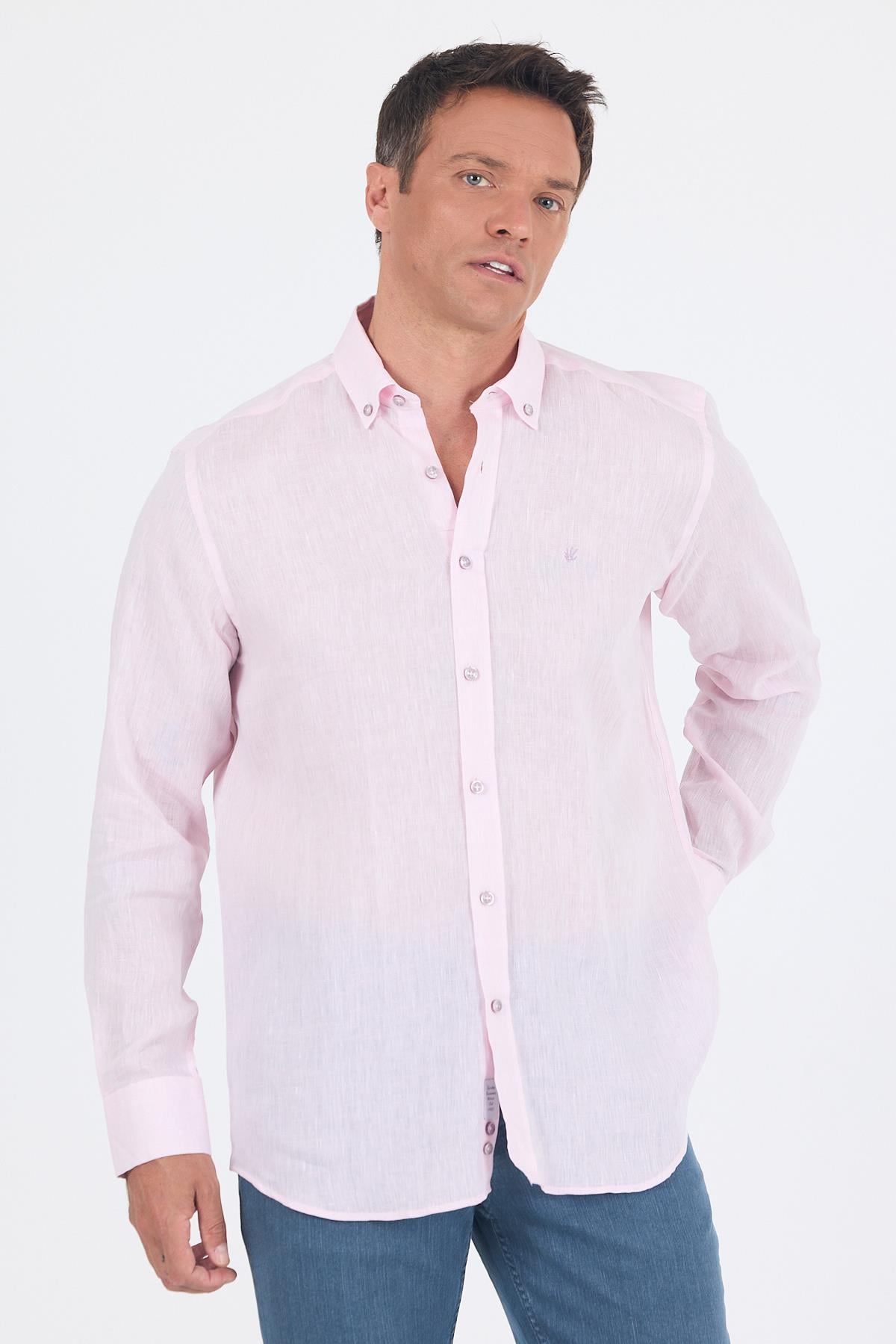 Pembe Kol Düz Keten Düğmeli Yaka Cepsiz Casual Comfort Fit Gömlek 1004250114