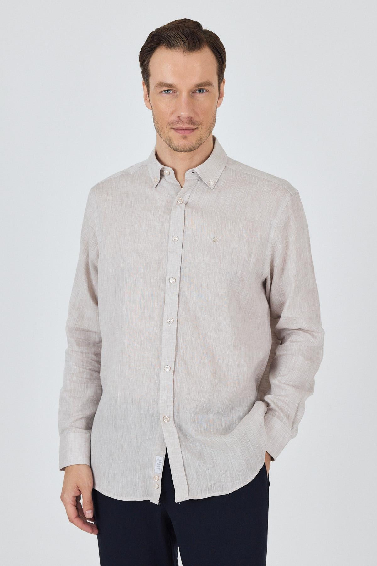 Vizon Kol Düz Keten Düğmeli Yaka Cepsiz Casual Comfort Fit Gömlek 1004250114