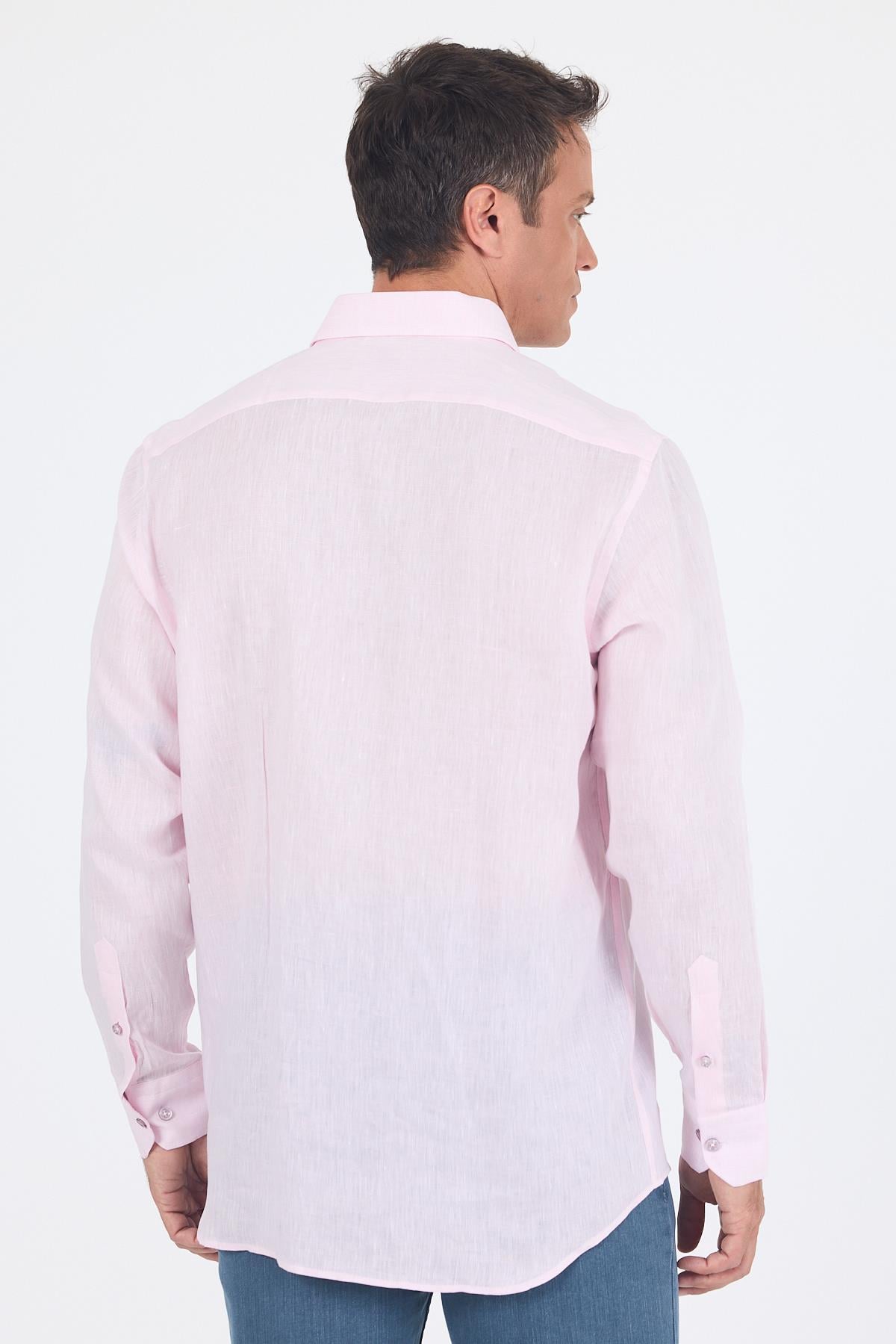 Pembe Kol Düz Keten Düğmeli Yaka Cepsiz Casual Comfort Fit Gömlek 1004250114